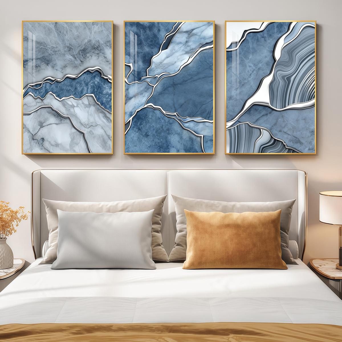 3 Counts Aluminum Alloy Framed Painting, Abstract Blue Marble Texture Art Pictures, Home Decoration For Living Room, Bedroom, Office, Restaurant, Hallway Wall Decor, Odorless Print Artwork, Luxury Perfect Gift For Friends And Family