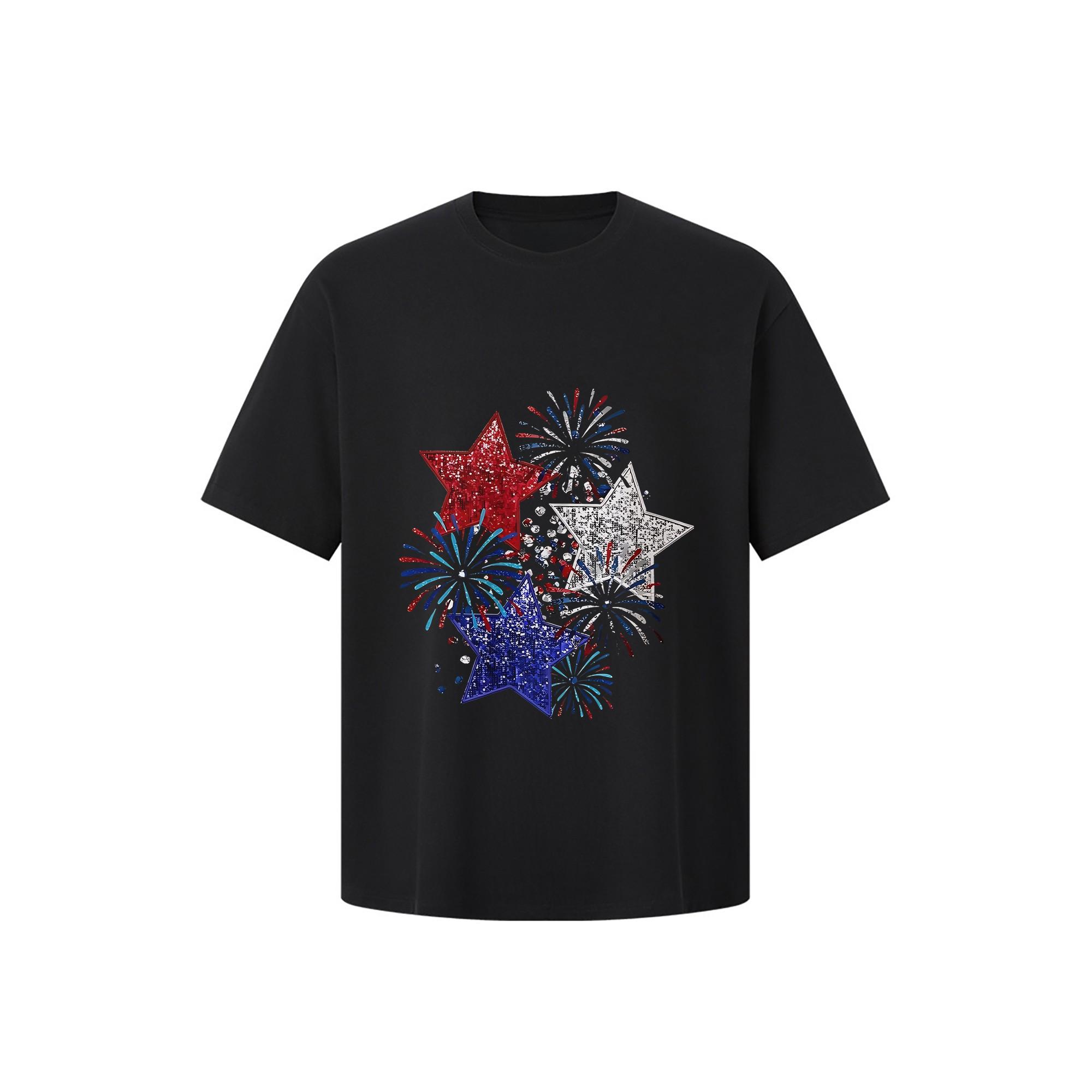 Sparkle Sequin Star T-Shirt Faux Glitter Red White Blue Graphic Tee Women Patriotic Fashion Novelty Gift for Mom Sister 4th of July Independence Day Fireworks Summer BBQ Party Celebration Memorial Day Festival Outfit Casual Everyday Black Top
