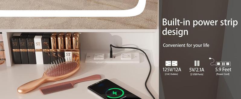 Vabches Vanity Makeup Mirror Desk,Makeup Vanity with 6 Drawers and Shelves,Vanity Table with Power Strip,Vanity Mirror 3 Lighting Color Adjustable Vabches Vanity Makeup Mirror Desk,Makeup Vanity with 6 Drawers and Shelves,Vanity Table with Power Strip,Vanity Mirror 3 Lighting Color Adjustable