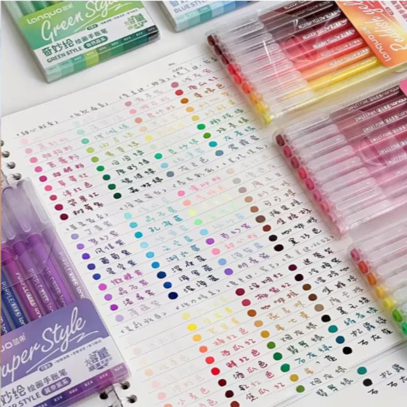 Languo gel pen set for drawing, featuring a 0.6mm tip, a wide range of colors, and a large-capacity ink pen. Ideal for writing, cards, DIY, coloring, doodling, handmade posters, and other artistic creations. Different colors can be stacked