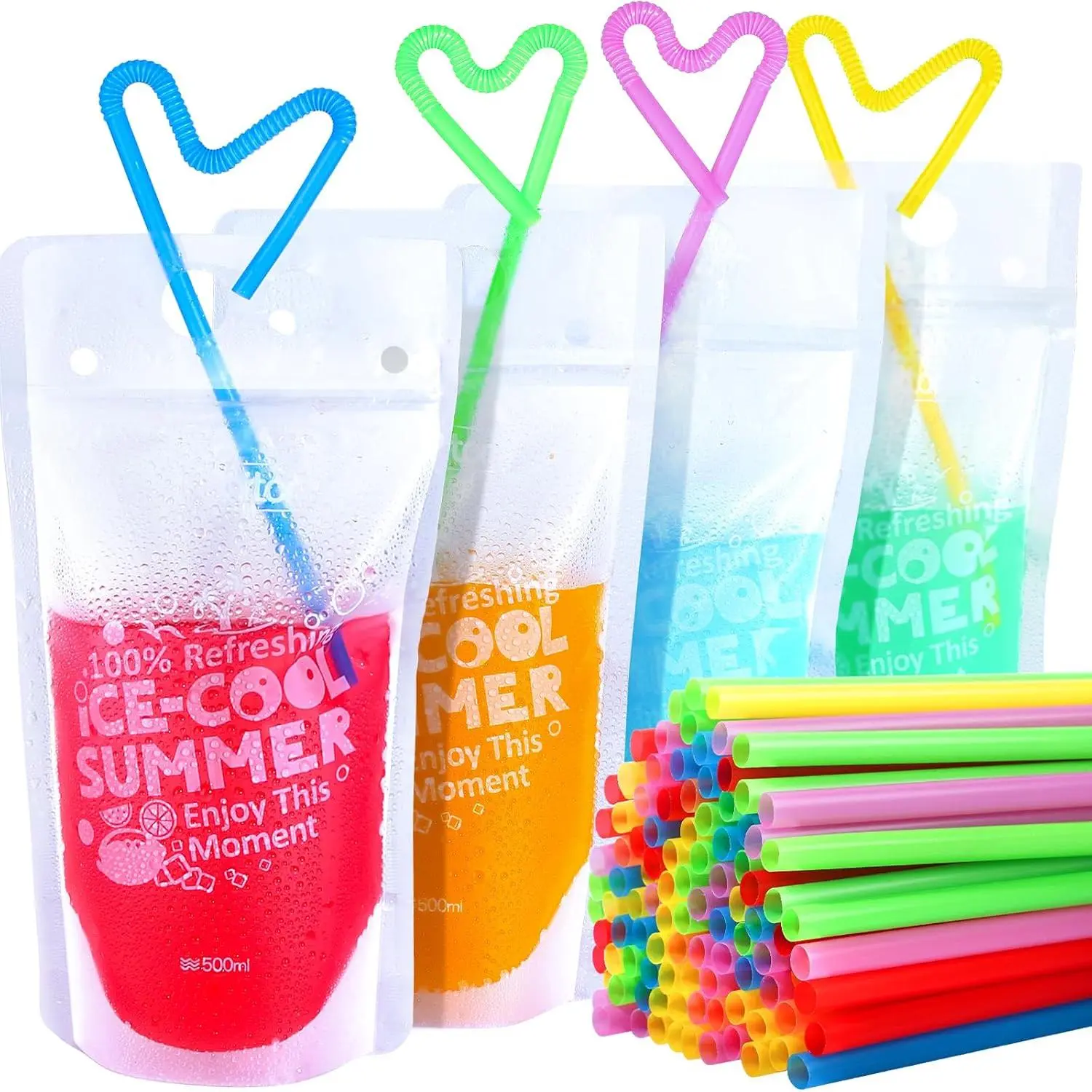 100 count Pouches Drink Pouches with Straws, Drink Pouches Juice Pouches for Adults,  Drink Bags for Smoothies Juices Liquid Pouches for  Adults,16oz Clear