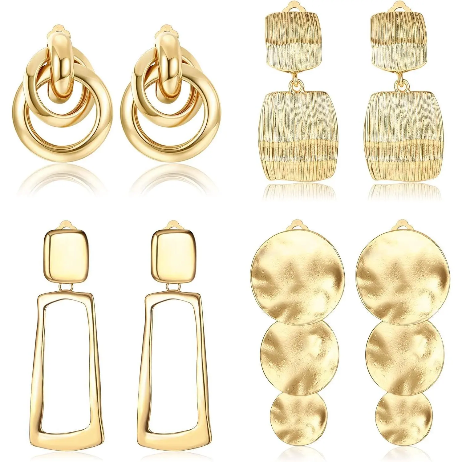 CASSIECA 4-Pair Women's Non-Piercing Clip-On Earrings, Geometric Metal Dangle Statement Earrings with Rectangle, Tassel, Teardrop, Square Drop Pendants, Earring For Women Sohochic