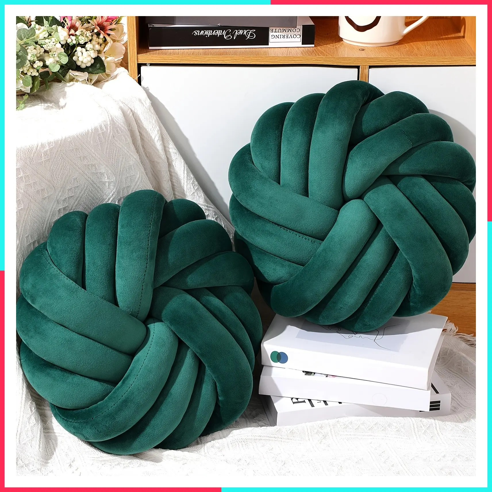 Set of 2, 14-Inch Round Knot Pillows, Soft Plush Handmade Decorative Cushions for Modern Home, Suitable for Beds, Sofas, and Couches, Green