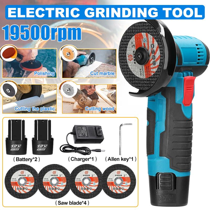 Upgrade 12V Cordless Mini Brushless Angle Grinder Kit with 4 Gutting Blades,2 pcs 12V 1300mAh Batteries 19500 RPM/Min,for Cutting Grinding Polishing Electric Heavy Duty Handle Power Tools