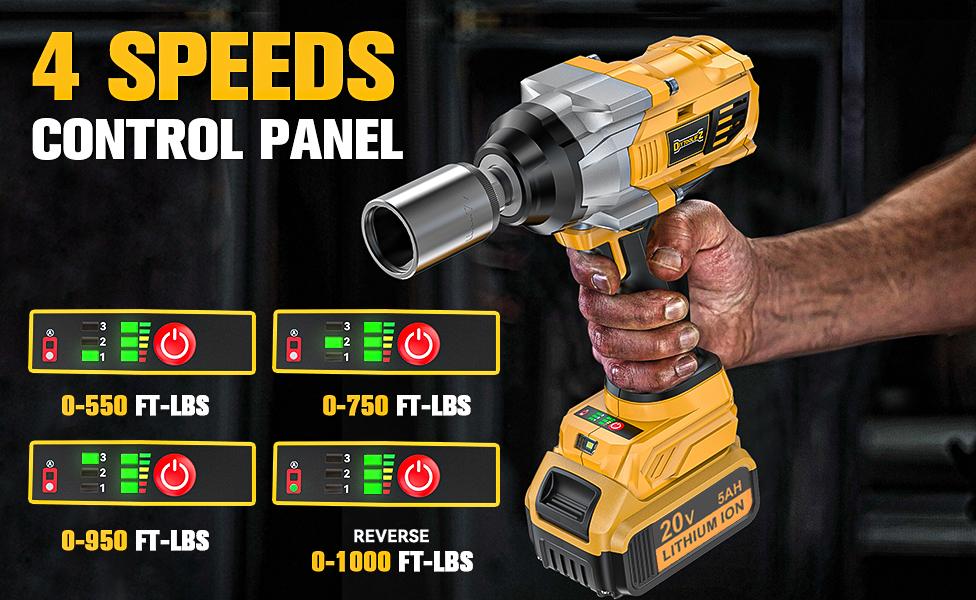 1000FT-LBS (1300N.m) Cordless Impact Wrench 1/2" with 1or2*Battery, Brushless Impact Gun with 6 Sockets, 2100RPM for Car & Truck