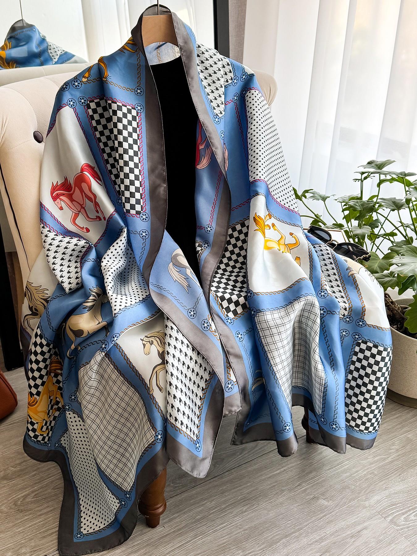 Women's Houndstooth Print Scarf, Elegant Fitted Lightweight Wrap, Ideal for Outdoor Beach Sun Protection, Spring Summer Accessory