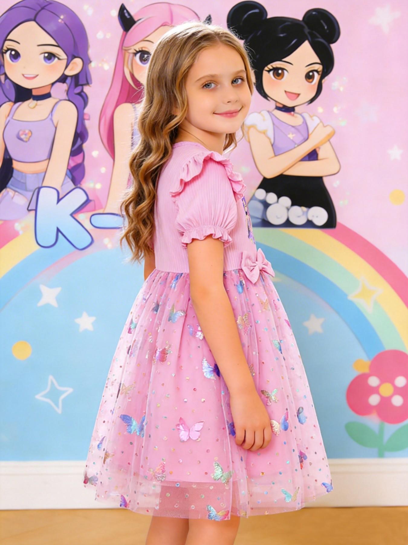 Girls' Elegant Princess Dress, Cartoon Butterfly Print, Slim-Fitting Summer Gown, Perfect for Easter, Valentine's Day, Parties, Gifts, Birthdays