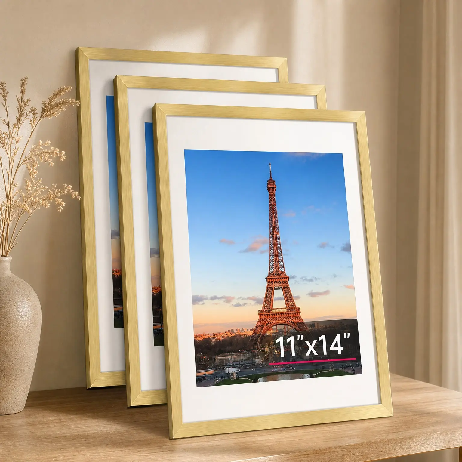 11x14 Picture Frame 4-Pack, HD Plexiglass Photo Frames, Display 8x10 with Mat or 11x14 Without Mat, Gold Collage Wall Decor Frames for Gallery WallGift