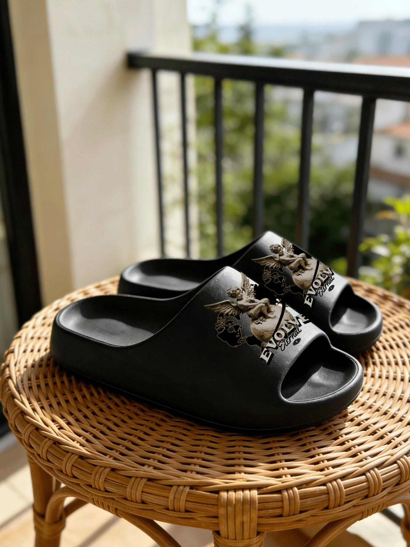 1 Pair Angel Print Fashion Slippers, American Street Style, Thick Sole Soft Bottom, Couples Home Outdoor Use, Asymmetrical Cartoon Design