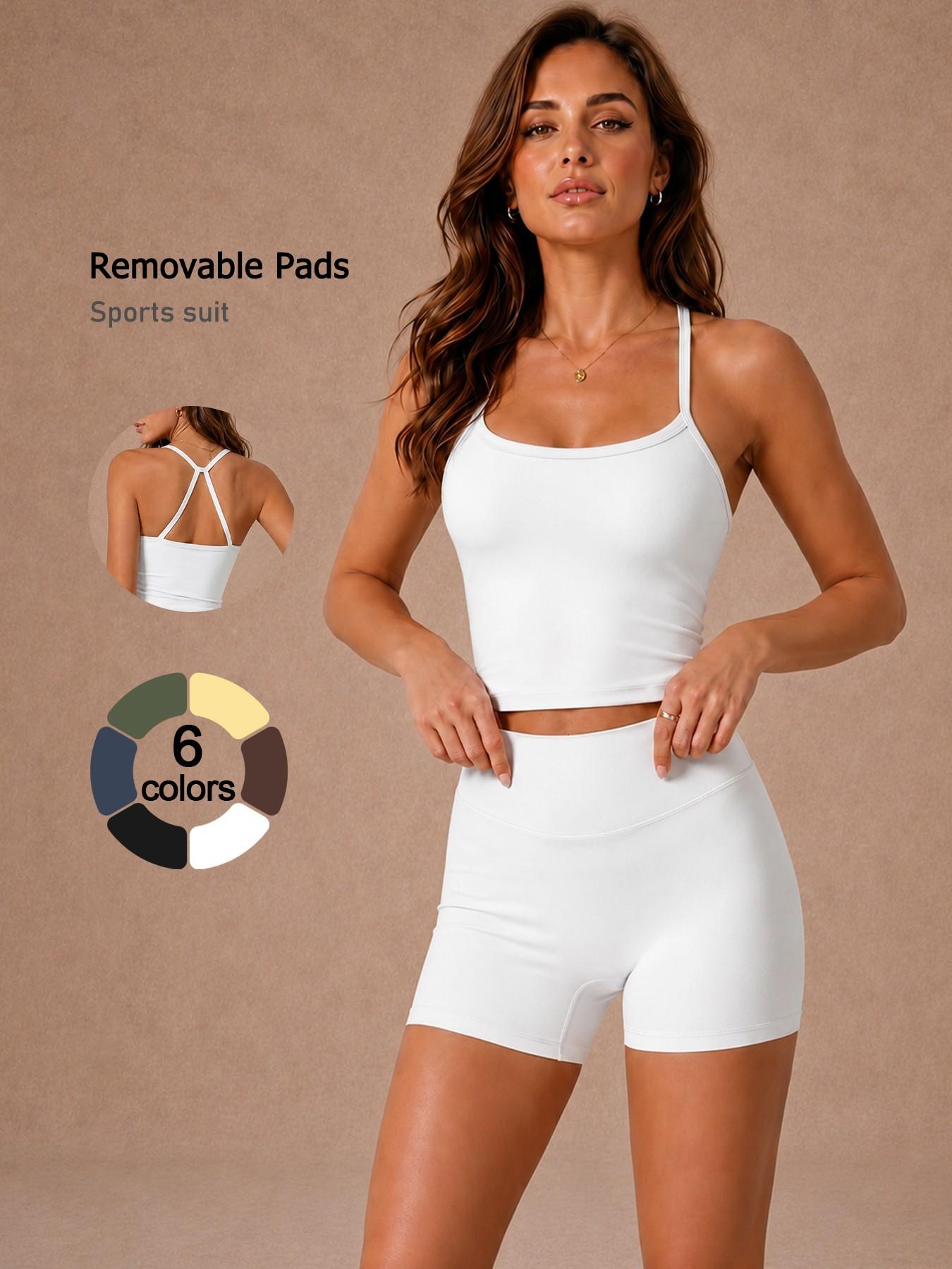 Women's 2 Piece Sports Set Solid Color Spaghetti Strap Cami Top Shorts Removable Padded Buttery Soft Breathable High Elastic Butt Lifting Tummy Control Open Back Pilates Yoga Set Gym Cool Comfortable Running Cycling Women's Fitness Set