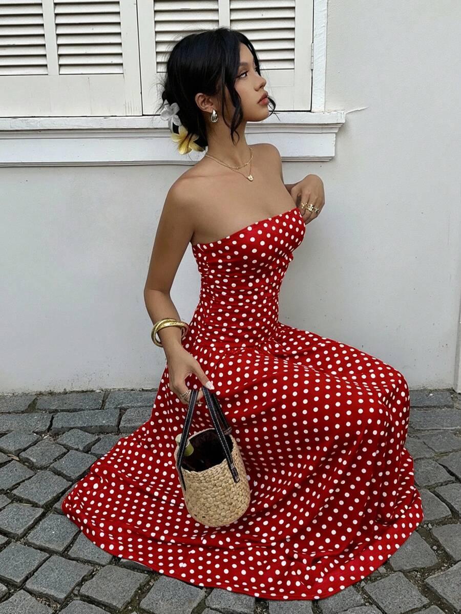 Women's Polka Dot Waist-Cropped Crop Top Dress, Vacation Style, Long Sun Dress, Casual Summer Midi Dress, Elegant Design