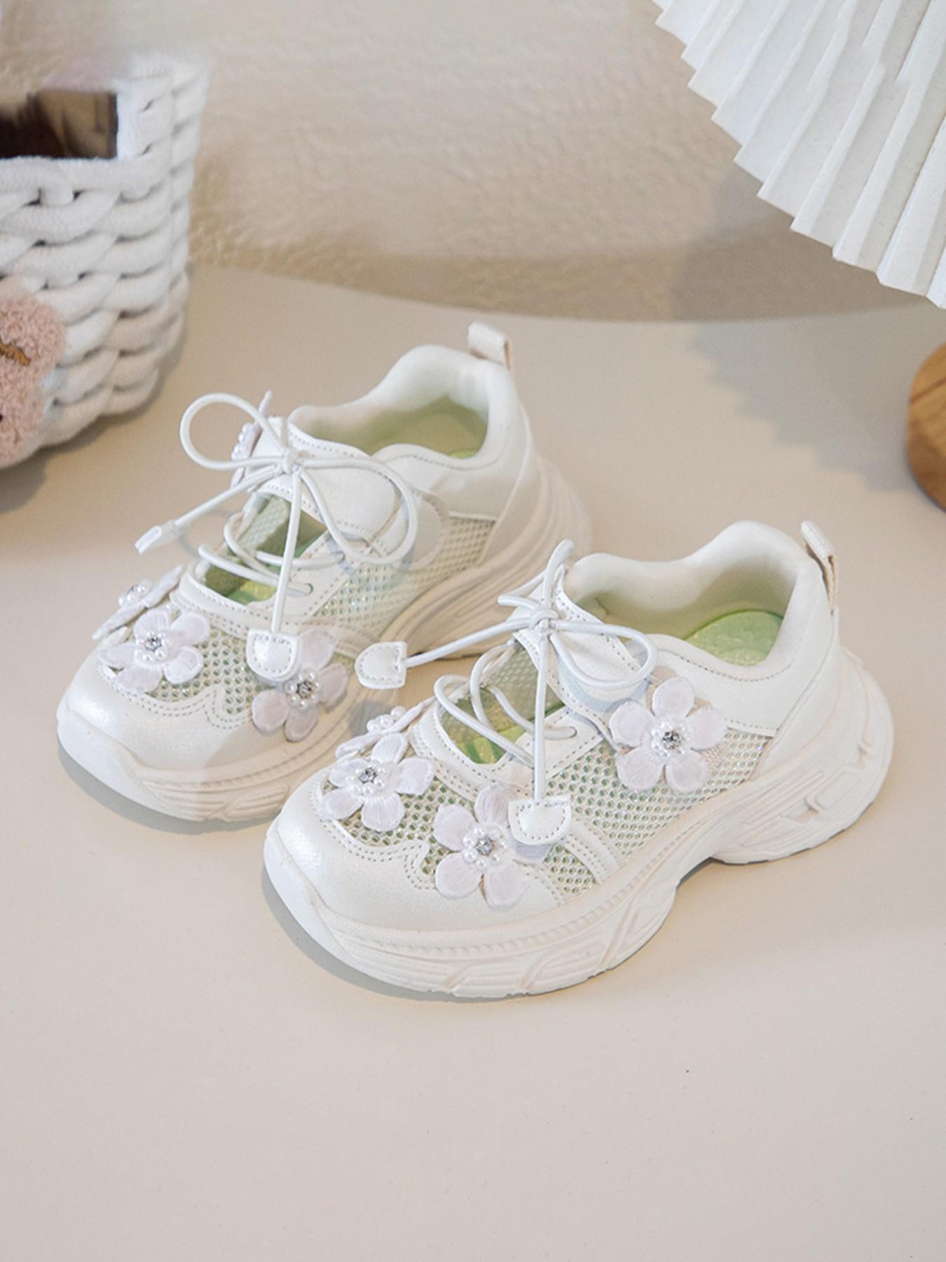 Girls' Floral Mesh Running Shoes, Breathable Anti-Slip Thick Sole, Cute Princess Style, Ages 2-12, Comfortable Kids Sports Shoes