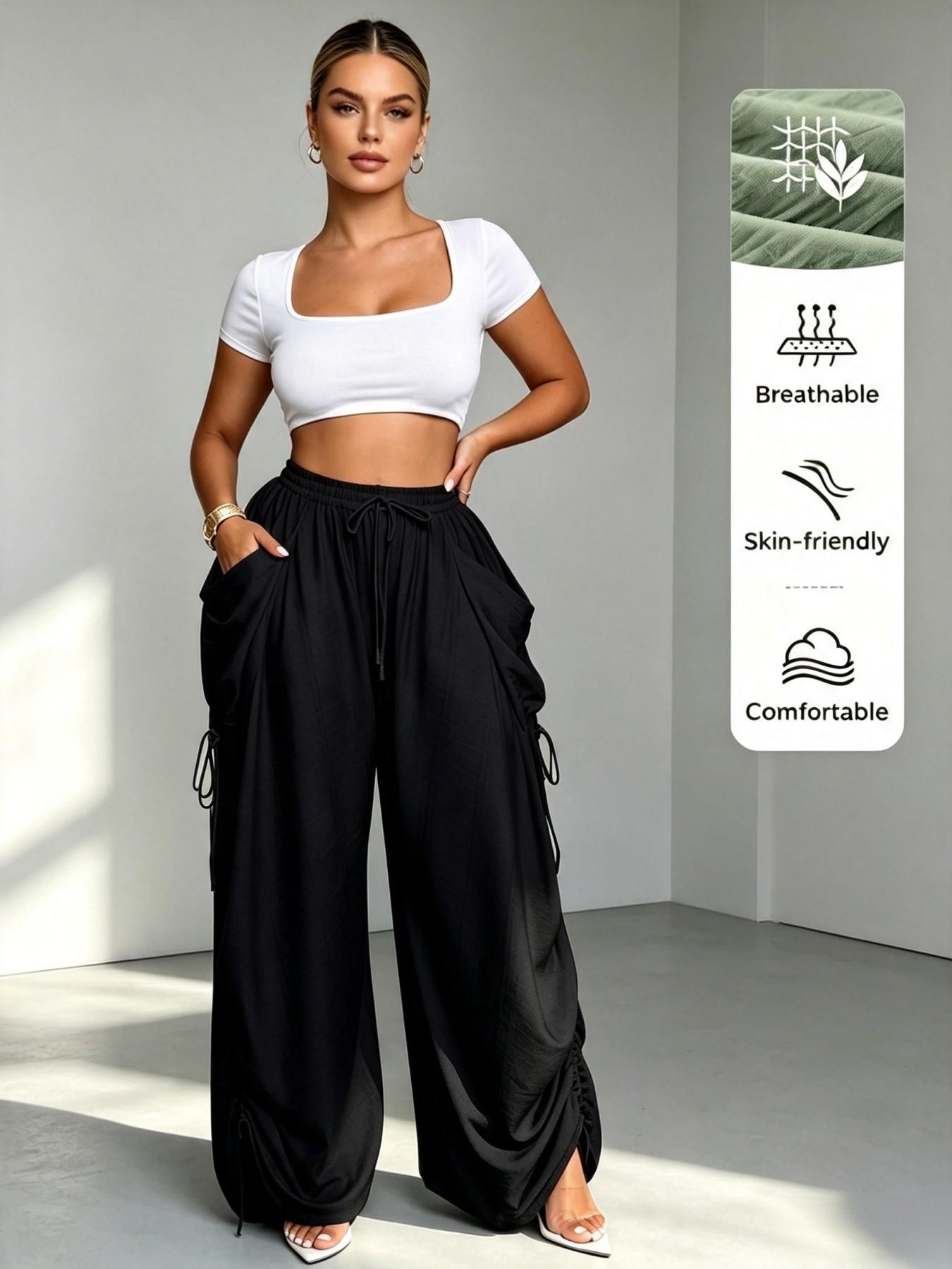 High-Waisted Drawstring Straight-Leg Pants for Women, Casual Comfortable Home Wear, Spring & Fall Fashion, Plain Pattern, Multiple Colors Available