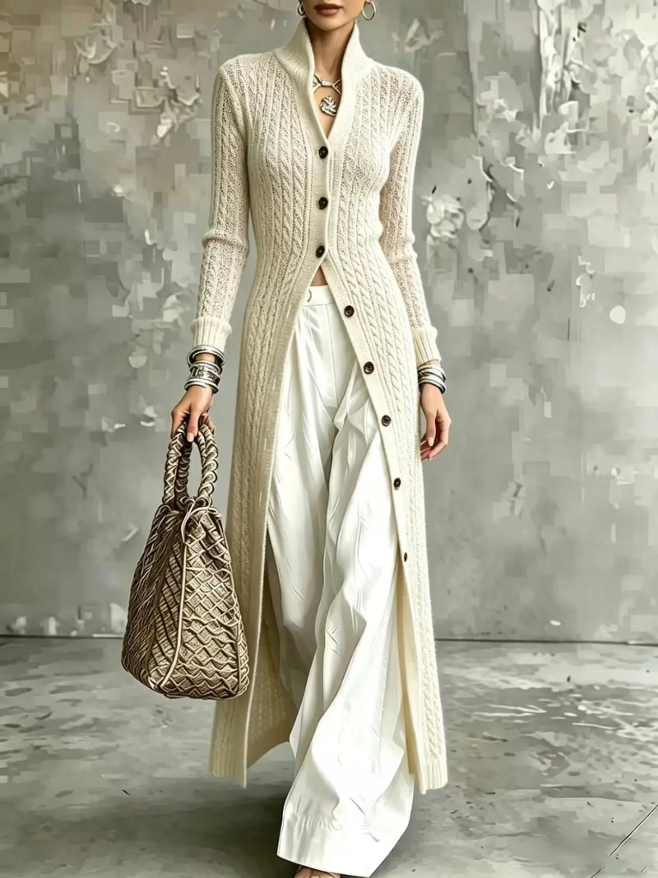 Women's Long Cardigan Knit Sweater, Elegant Butterfly Pattern, Loose-Fitting Long Sleeve, Fall & Winter Layering, Casual Office Wear