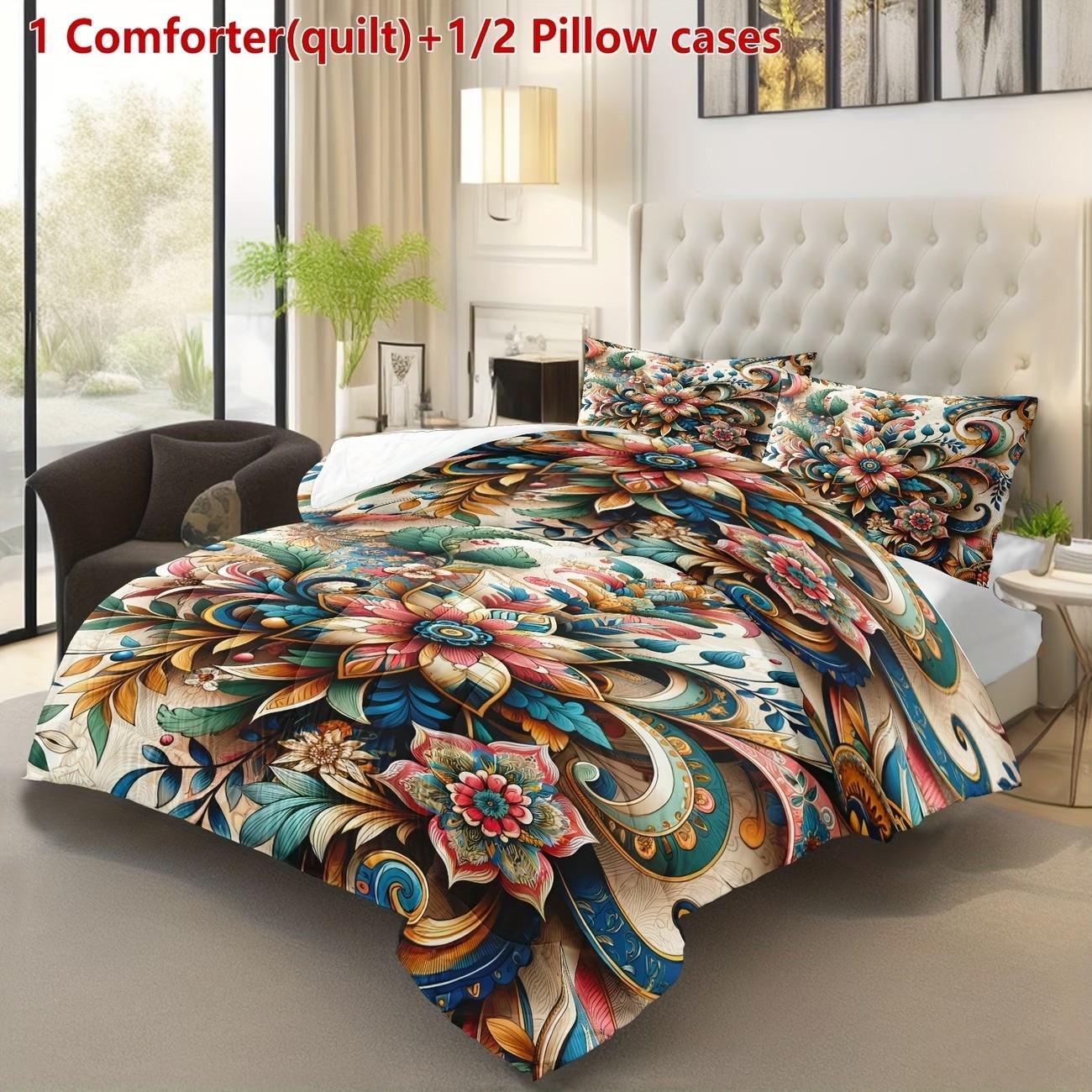 Boho Mandala Floral Print Bedding Set, Soft Breathable Comfort, 3-Piece Suite for Bedroom & Guest Room Decor, Includes 1 Duvet + 2 Pillowcases