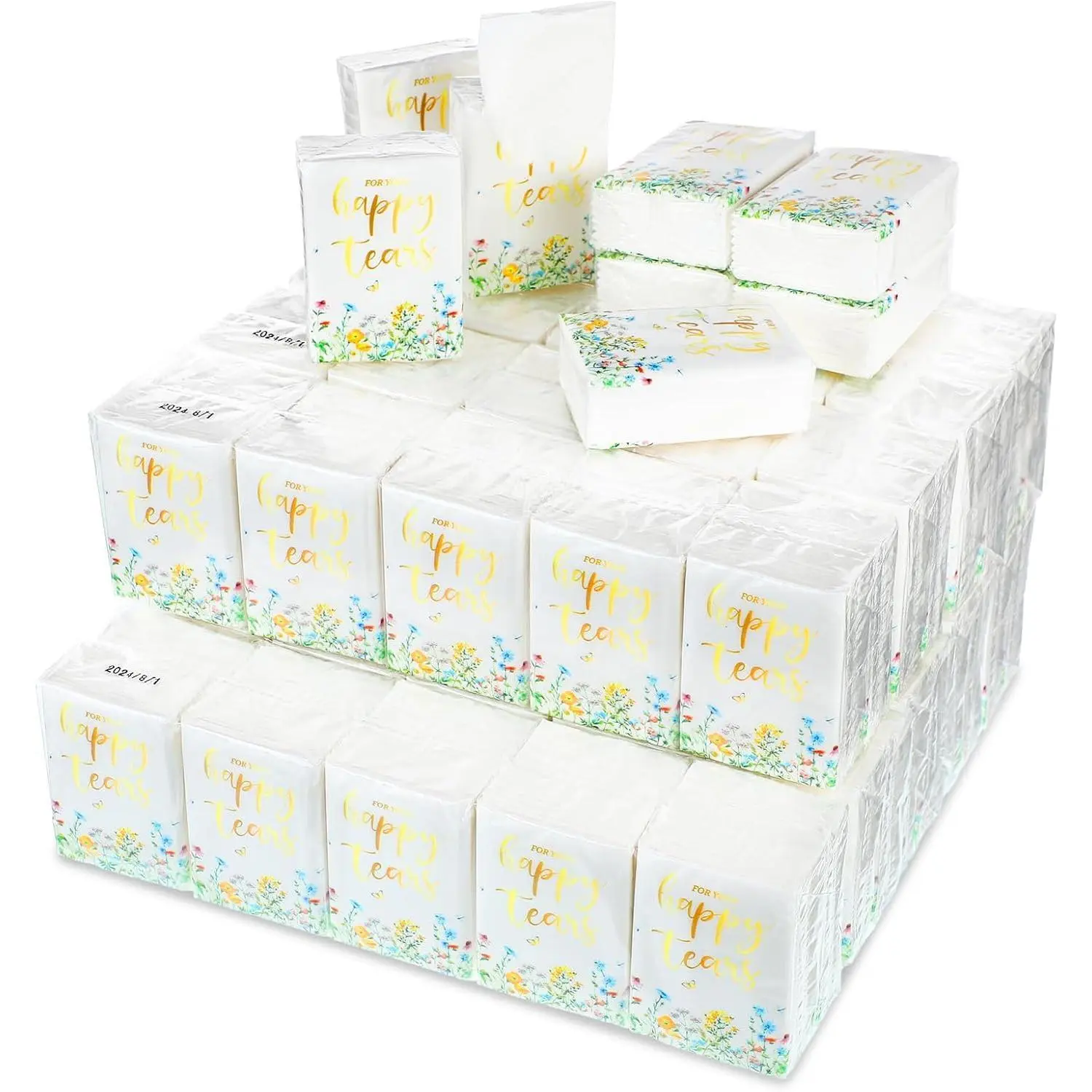 100-Pack Stylish 3-Ply Pocket-Size Individual Pack Facial Tissues, Wedding Party Favors for Guests, Travel-Friendly Home Care Supplies for Happy Tears Moments