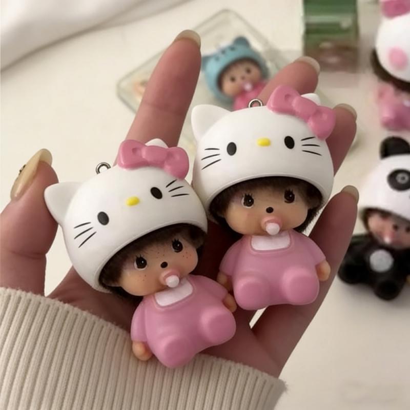 Hot-selling cute Hello Kitty and Monchhichi plush keychains, soft rubber 3D pendants, student schoolbag ornaments, car keychains, couple birthday gifts, creative cartoon merchandise, and girly accessories