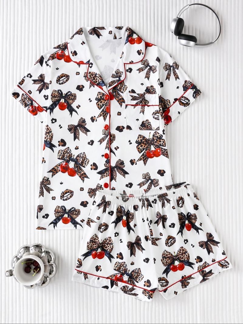 Women's Leopard Bow Print Sleepwear Set, Casual Fitted Short Sleeve Top & Loose Comfortable Shorts, Elegant Ladies' Nightwear
