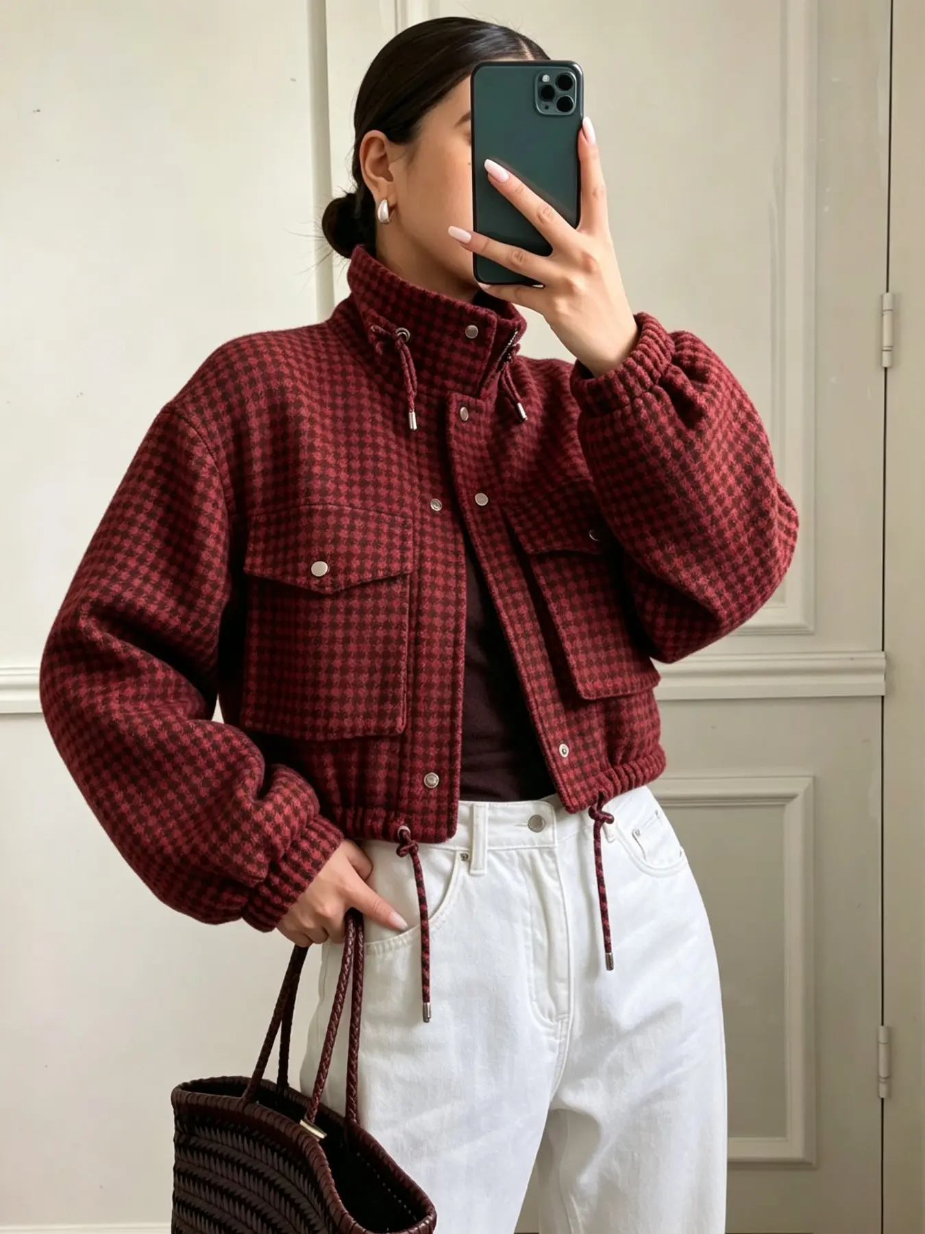 Women Textured Woven Houndstooth Cropped Jacket,Stand Collar Drawstring Hem & Cuffs,O-ring Zipper,Flap Pockets,Boxy Loose Fit,Fall Winter Streetwear Preppy Dark Academia Outerwear,Vintage Plaid Short Coat For Daily Commute Weekend Outing Casual