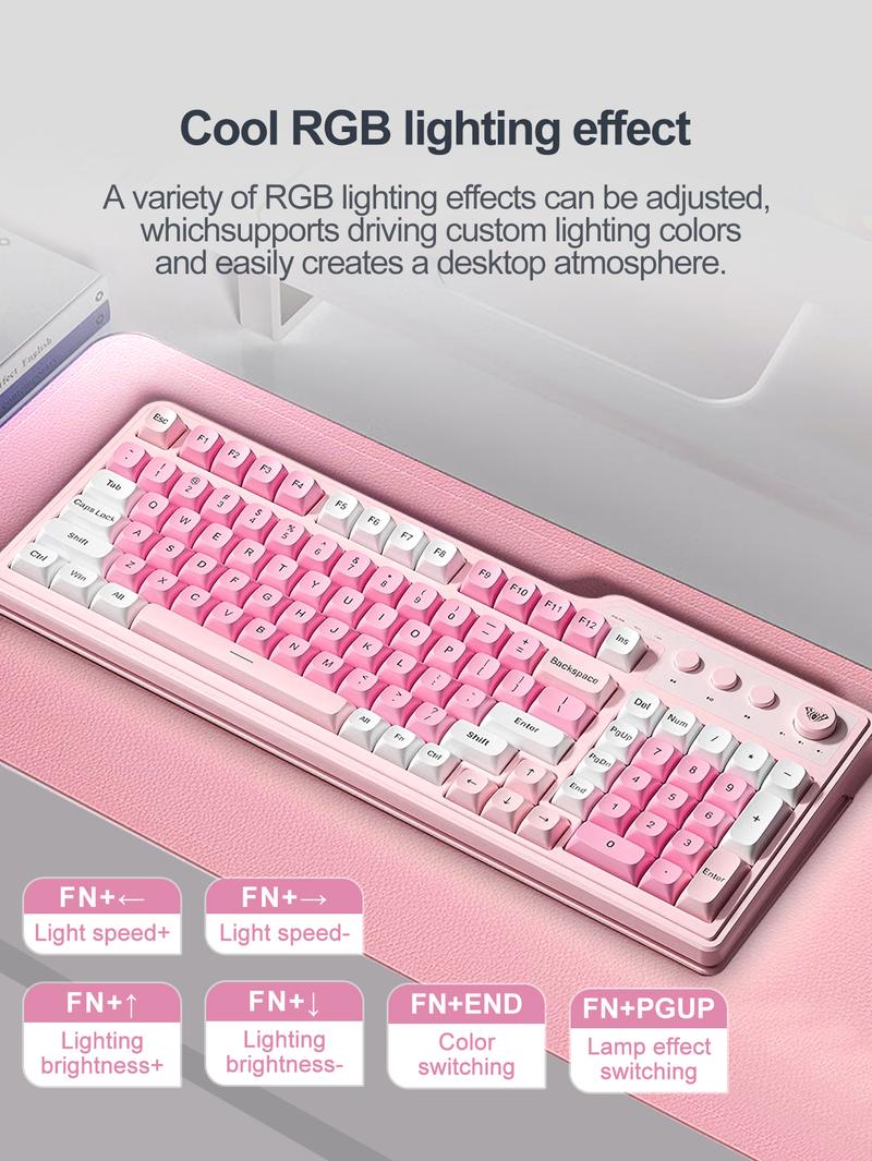 AULA F3099 membrane keyboard, features a 99-key layout, cool lighting effects, RGB Backlight Keyboard, supports wired and wireless connectivity, a 2000mAh rechargeable battery, quiet key presses, and compatibility with Windows/Mac/iOS devices. office use.