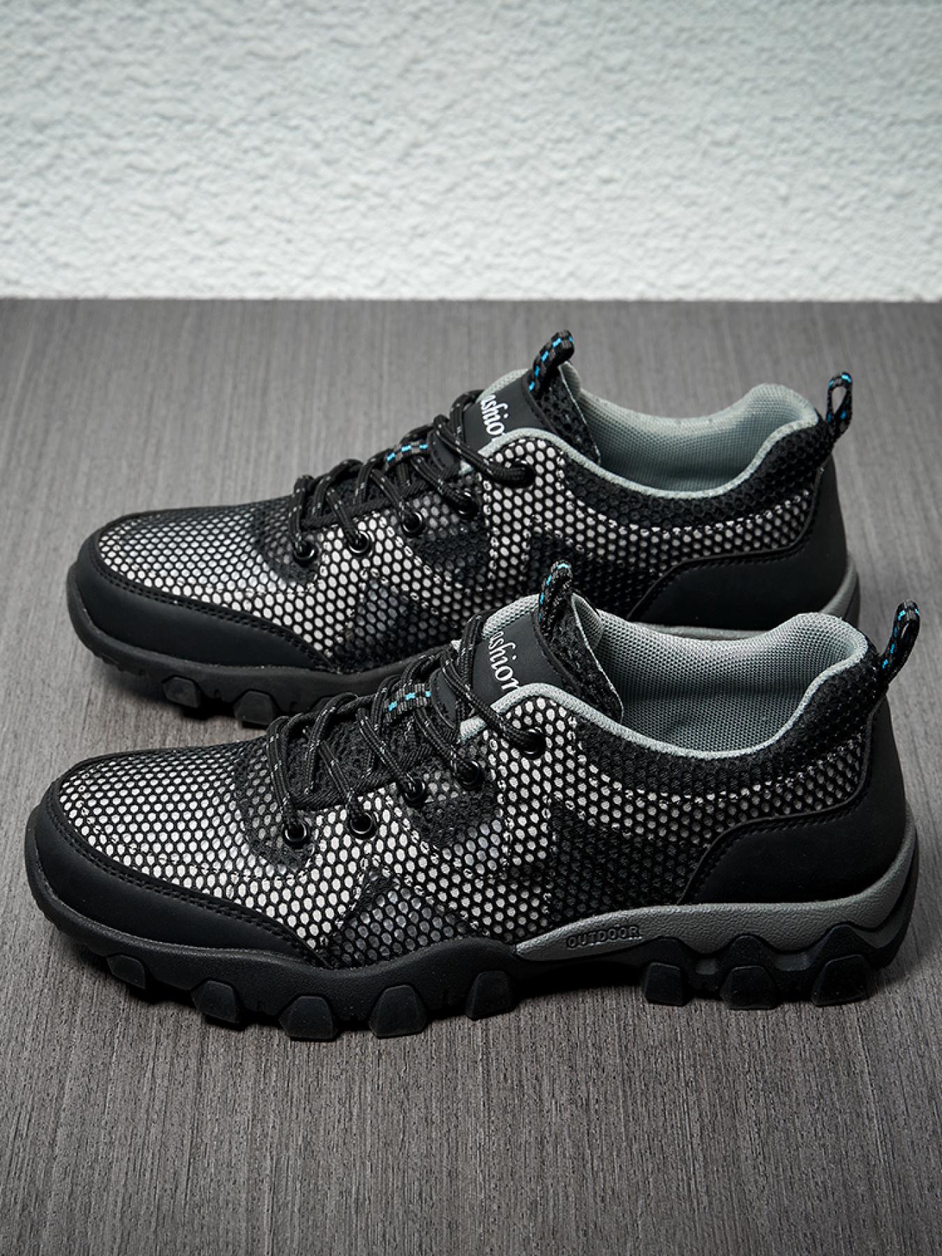 Men's Solid Color Mesh Breathable Outdoor Hiking Shoes Lace-up Closed-toe Trekking Shoes Non-slip Wear-resistant Casual Sneakers