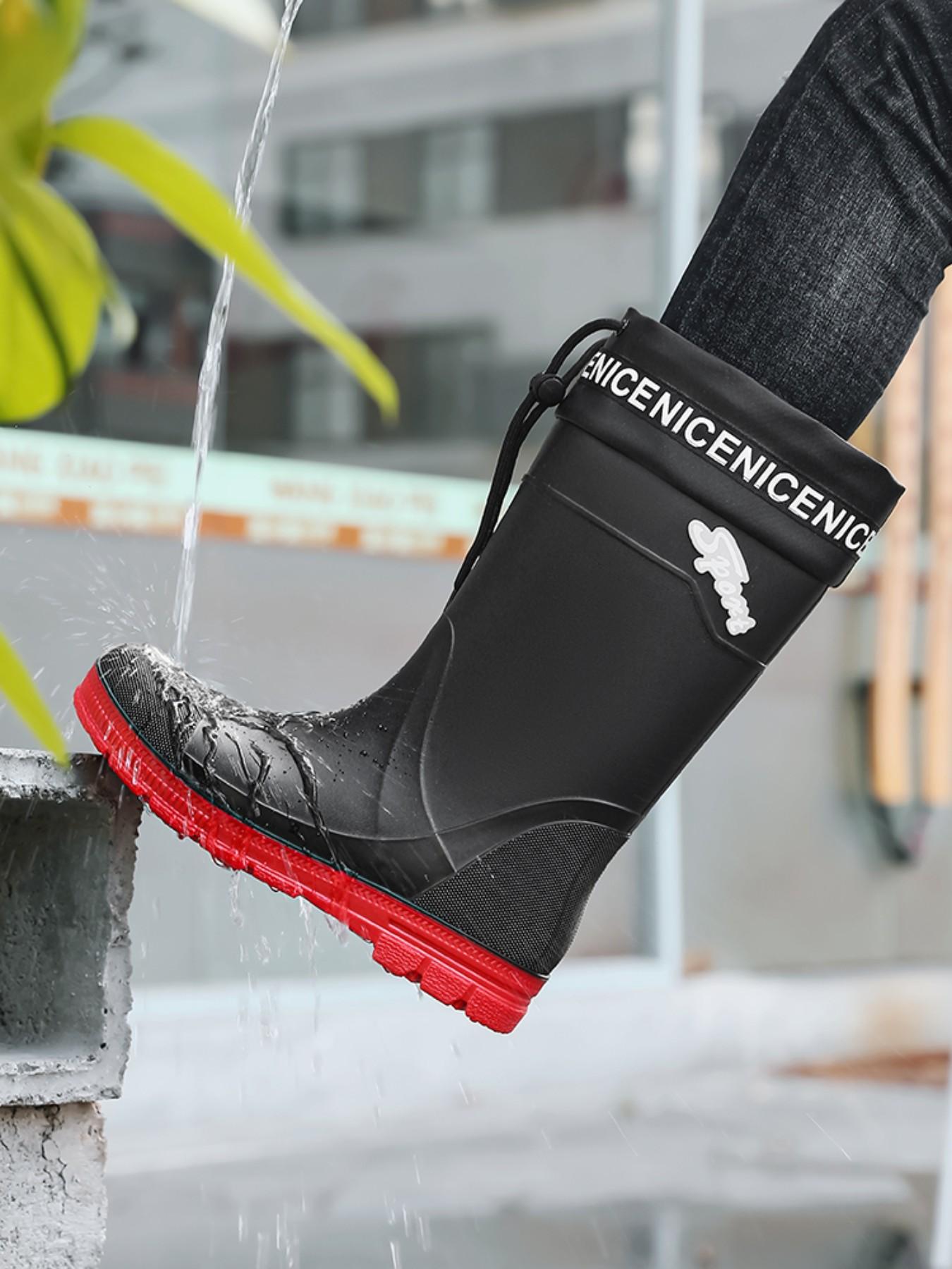 Men's Trendy Printed Cuff Tall Waterproof Rain Boots, Deep Tread Traction Wear-resistant Outsole Footwear For Mud Mountain Hiking & Large-scale Garden Watering Work