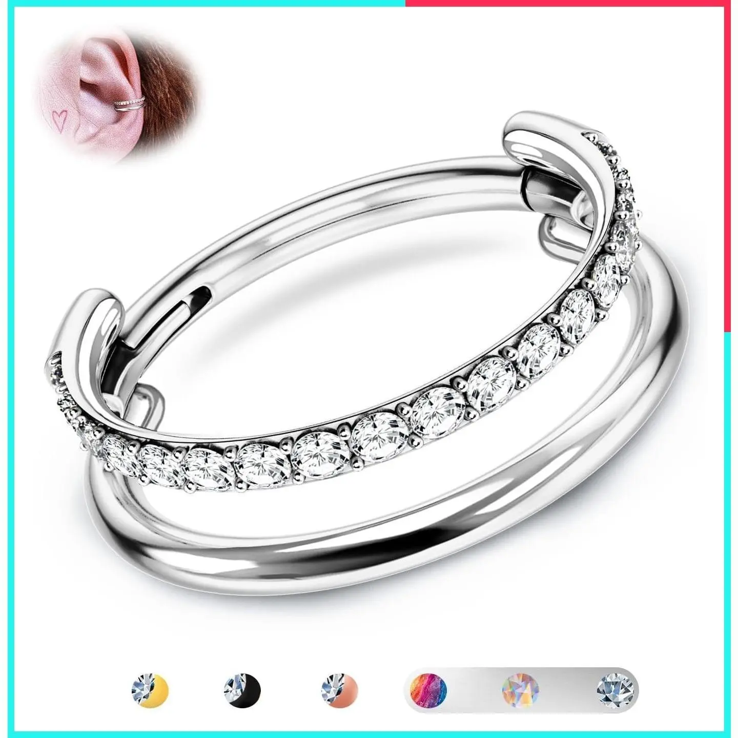 16G G23 Titanium Double Hoop Nose Ring Earring - Stacked CZ Clicker for Conch Helix Cartilage Tragus Daith Septum Piercing, 14K Gold Plated, Silver, Black, 7/8/9/10/11/12mm
