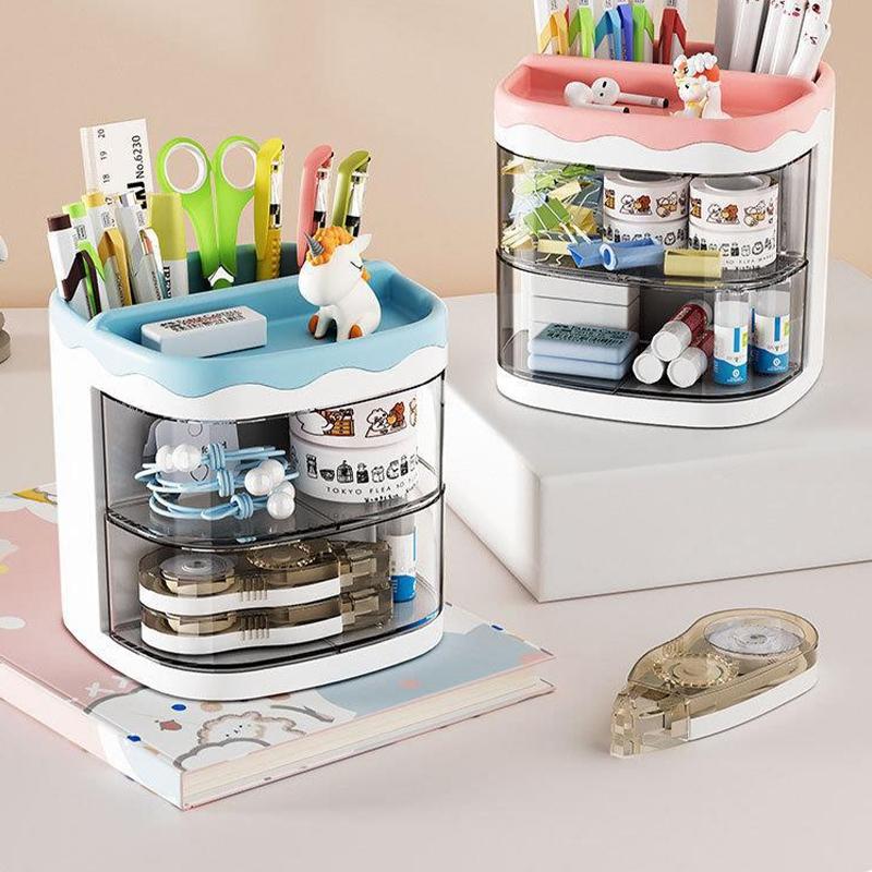 High-Value Rotating Pen Holder, Multi-Layer Transparent Storage, Cartoon Decorative Stationery, Small Item Classification Organizer, Stationary Organizer Holder