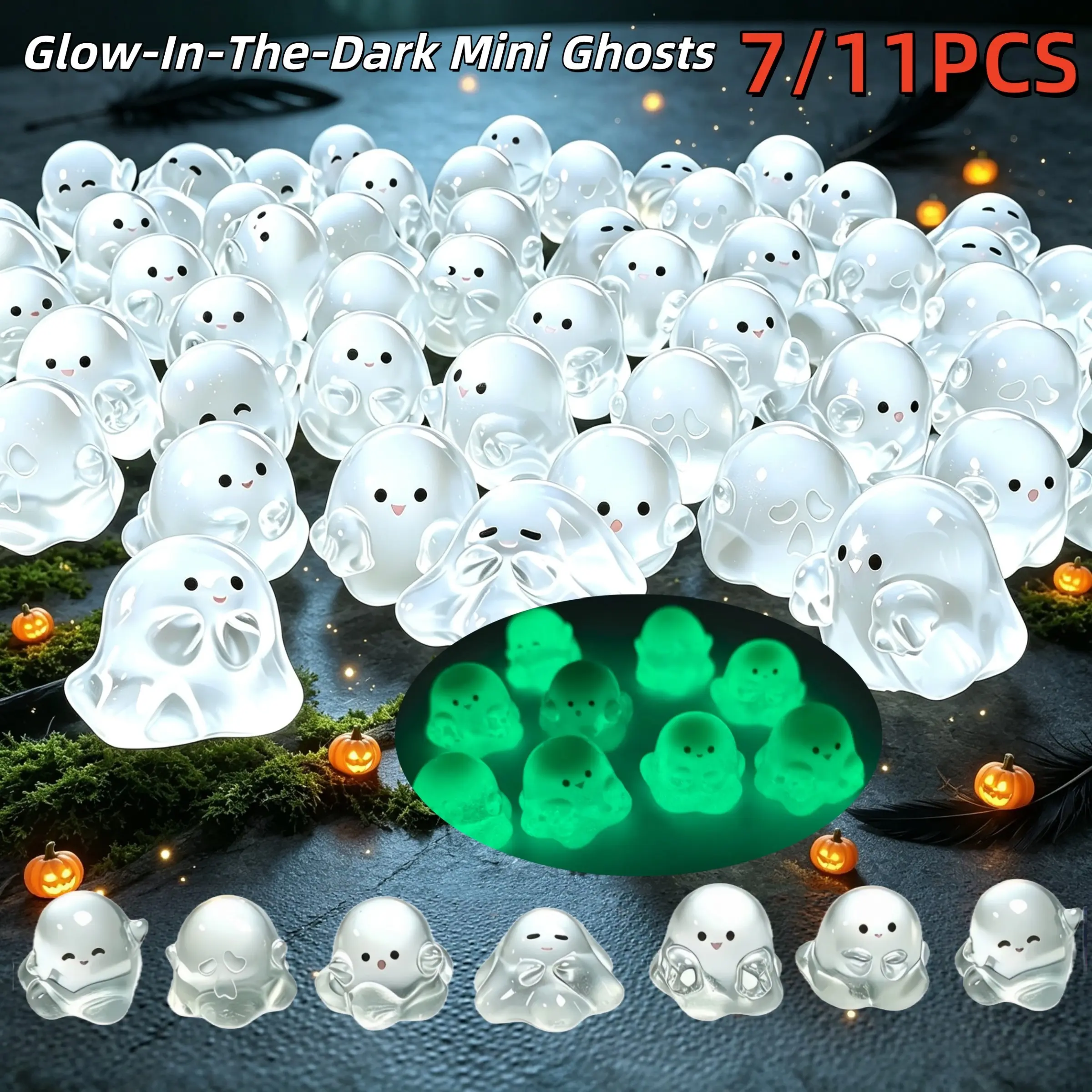 7/11pcs Cute Glow-In-The-Dark Mini Ghosts, Halloween Micro Landscape Decor, Festive Christmas Ornaments, Fun Party Gifts, Random Lucky Number Styles