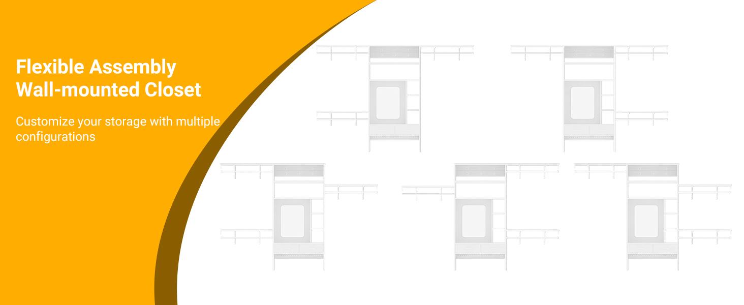 Unikito 8FT Wall Mounted Closet System with Vanity Desk, 96'' Walk In Closet Organizer System with 3 Adjustable Shelves and Hanging Rods, Heavy Duty Wood Clothes Rack, Built-In Garment Rack, White closet  organizer  system Furniture Drawer