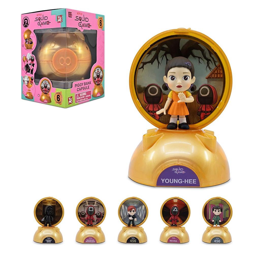 1PC Netflix Officially Licensed Squid Game Mystery Blind Box Capsule - Collectible Figurine Piggy Bank Includes 6 Characters Young-Hee Masked Manager Front Man Random 1 Random Figure per Box Perfect Gift for Fans Family Kids Collectors