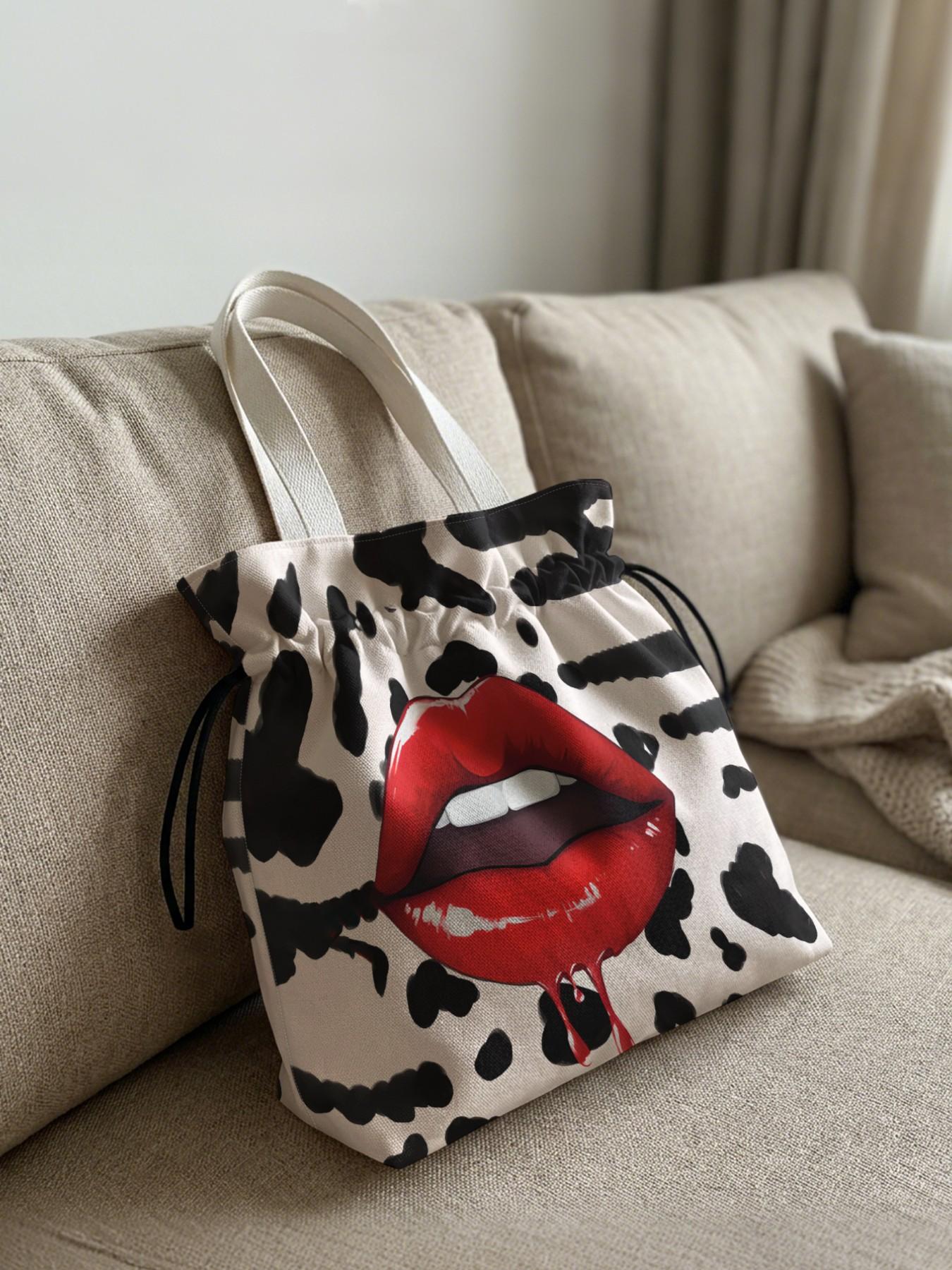 Lips Pattern 2D Printed Drawstring Tote Bag, Large Capacity Shopping Bag, Durable and Wear-Resistant, Casual Style for Work/promenade/lunch