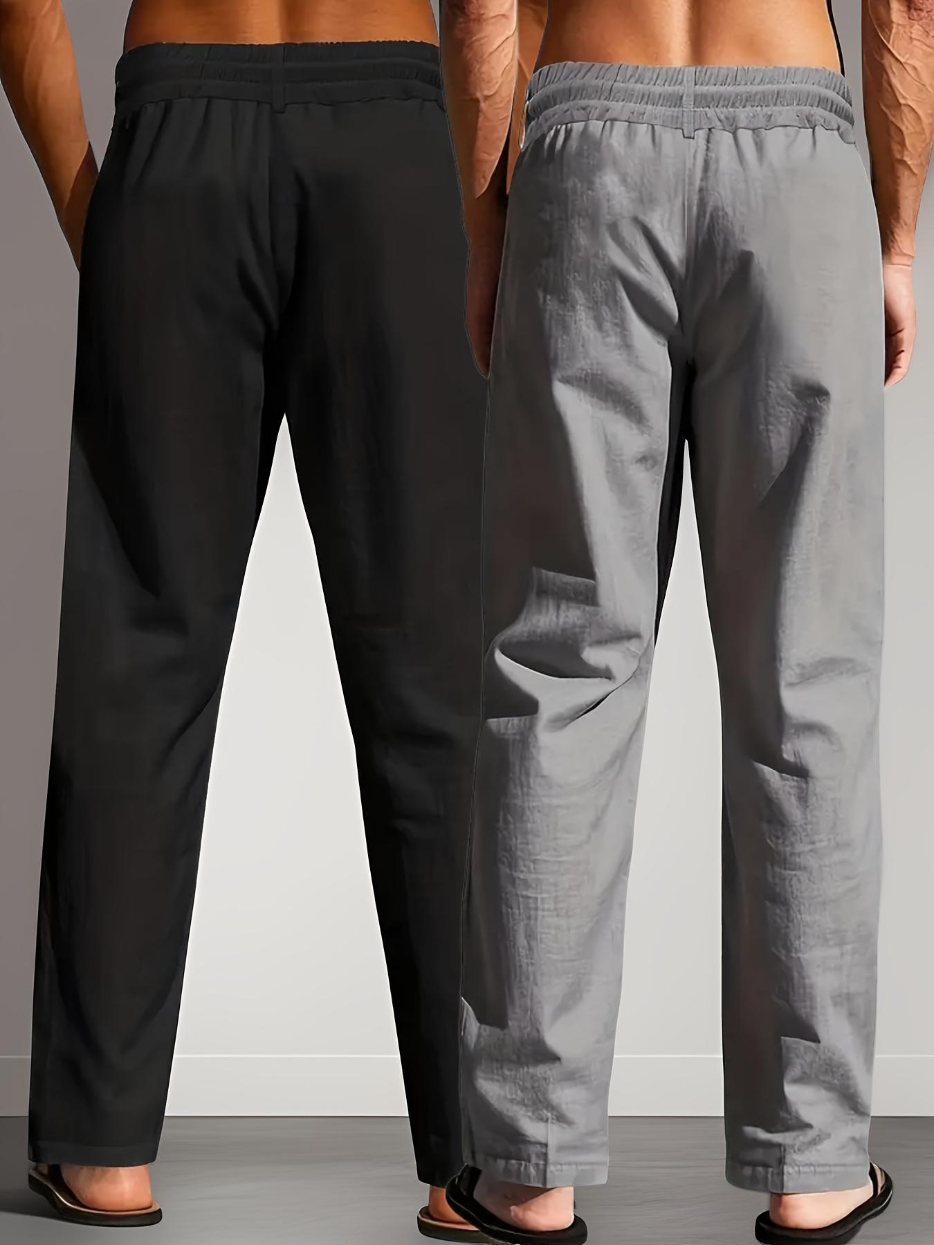 2 pieces men's plain-colored linen casual straight-leg pants, Casual Comfy Fashion, for spring, summer and autumn, with drawstring and faux buttons design, lightweight breathable, suitable for daily commuting, outdoor travel, fitness
