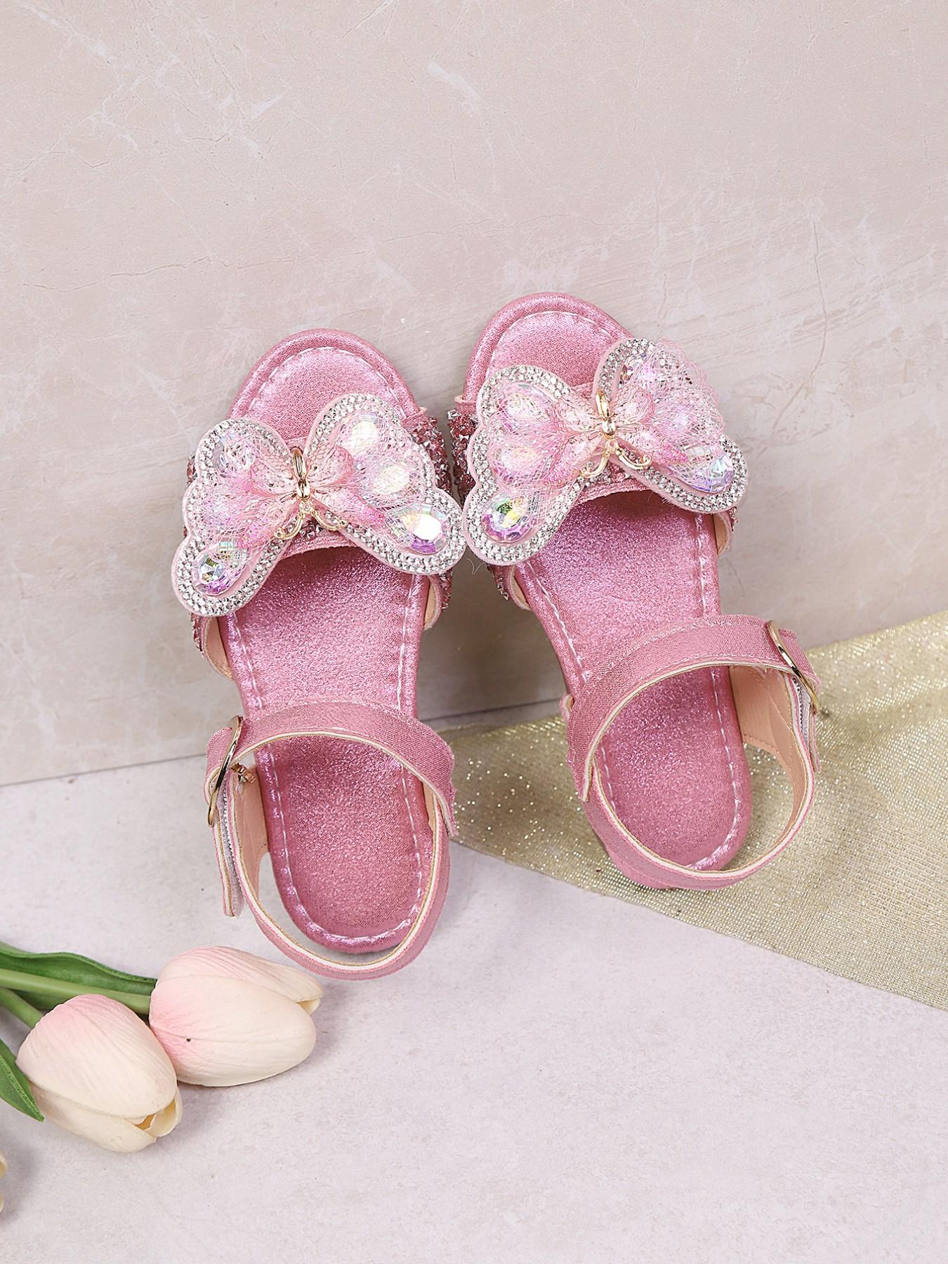 Must-Have Summer Sandals for Girls, Crystal Bow Detail, Adjustable Strap, Elegant Textile Upper, Rubber Sole, Spring & Fall