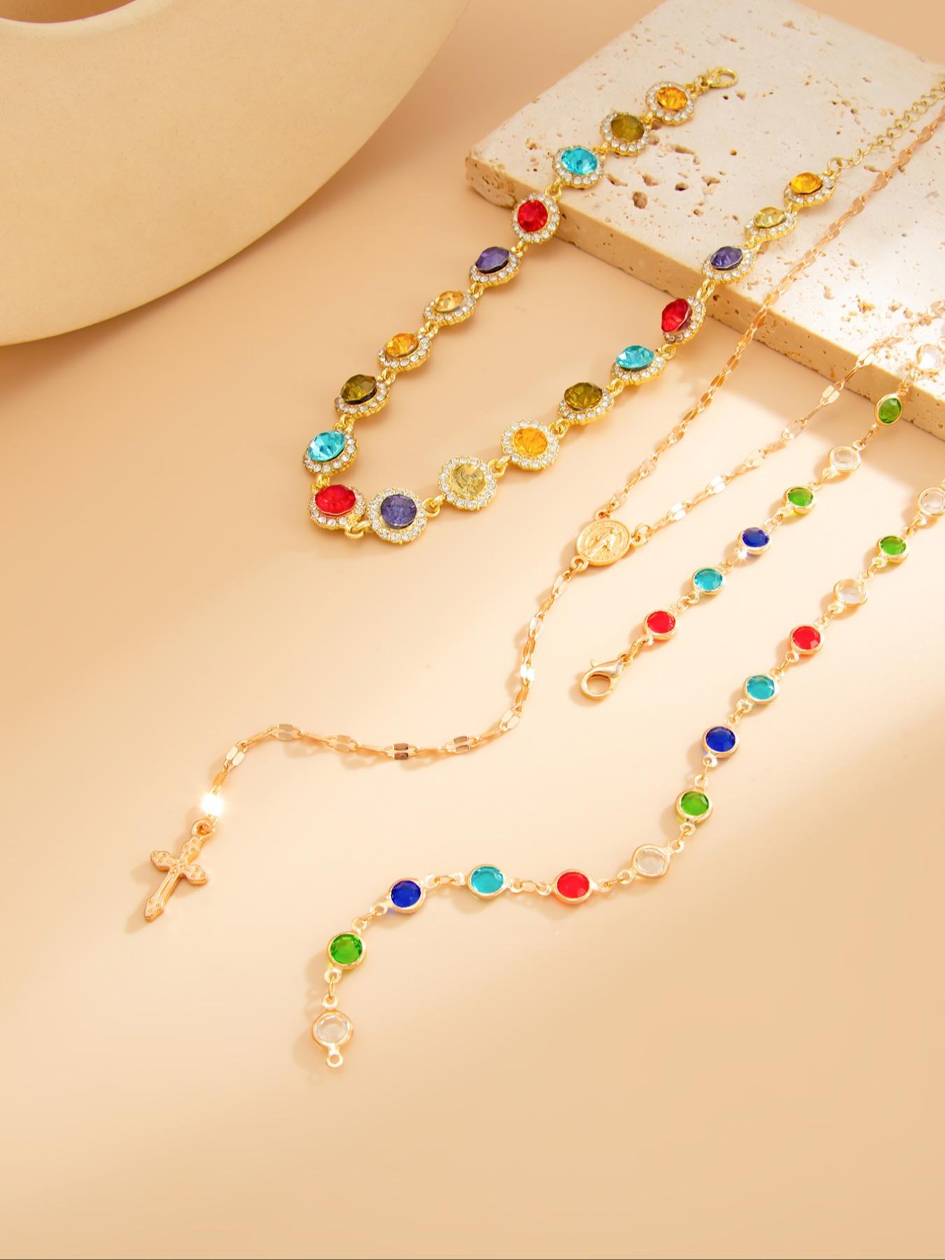 Women's Boho Style Alloy Chain Necklace Set, Boho Chic Crystal, Colorful Crystal Pendant Jewelry for Women, Casual Daily Wear & Holiday Gift Ideas