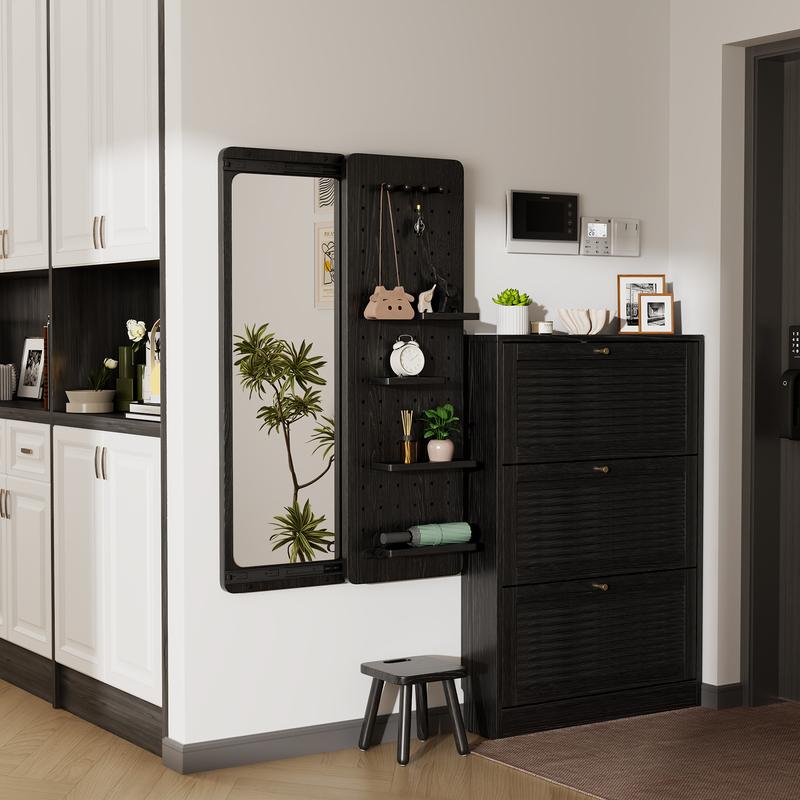 【School】Pegboard Mirror, 100% Solid Wood - No MDF, Mirror with Shelf & Hooks, Rustic Wall-Mounted Mirror with Multifunctional Panel for Bedroom, Living Room, Entryway