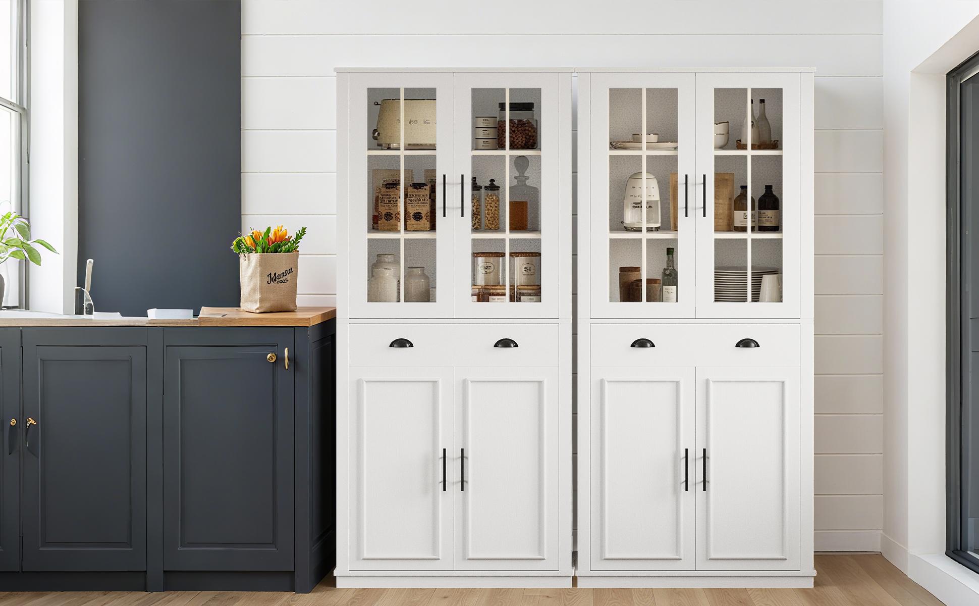 【2 Packages Shipping】IRONCK Kitchen Pantry Cabinet 72" Height, Freestanding Cupboard with Drawer, Sliding Storage Rack, and 6 Hanging Shelves for Dining Room, Laundry