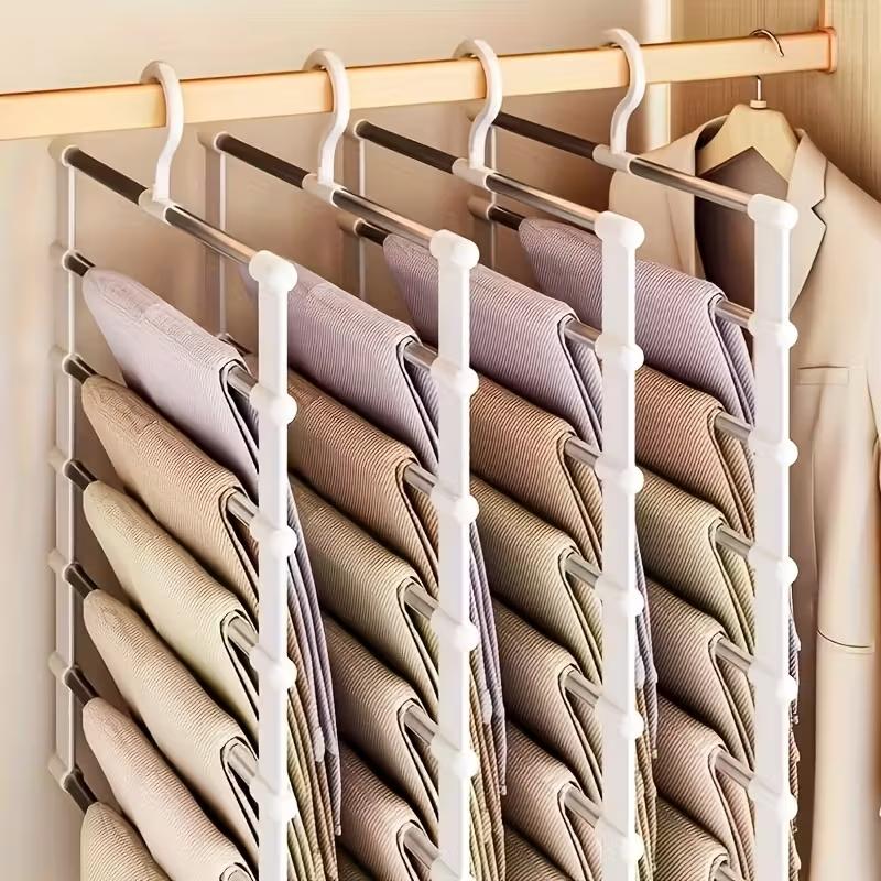 4pack Foldable Multi-Layer Pants Hanger, Stainless Steel Non-Slip Closet Organizer, Space Saving, Adjustable Shelves and Hooks, Durable Plastic Structure