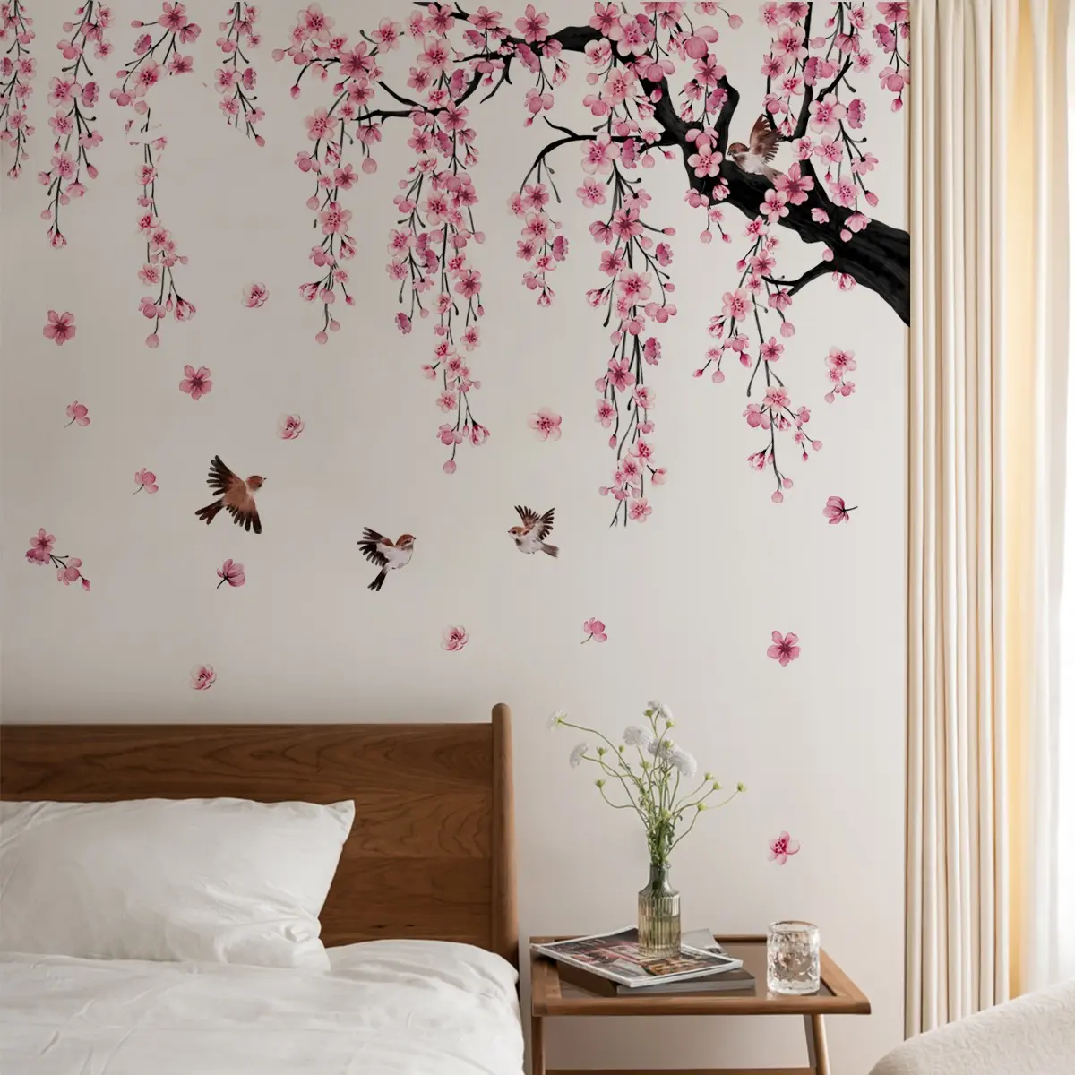 4 Pieces/set (30*90 CM x 4 Pieces) Creative Pink Peach Blossom Tree, Bird and Falling Flower Bathtub Stickers, Wall Decal, Suitable for Living Room, Bedroom and Bathroom Background Walls, Wall Decals Peel and Stick