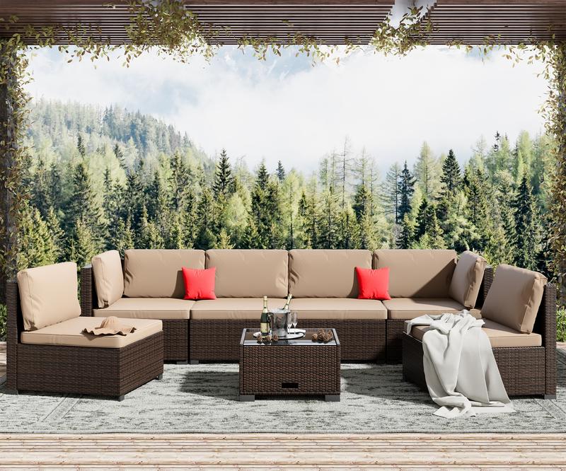 7 Piece Patio Furniture Set, Outdoor Furniture Patio Sectional Sofa, All Weather PE Rattan Outdoor Sectional with Cushion and Coffee Table. Swivel Chair Lounge