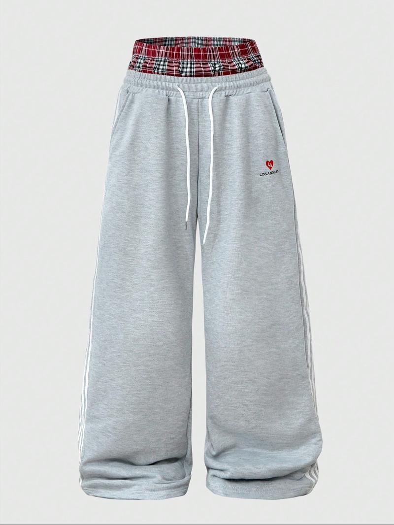 LA Heart Graphic Gray Wide-Leg Joggers | Plaid Waistband Striped Pants – City Aesthetic! Comfy Fleece Fabric, Retro Sporty Fit Perfect for #OOTD, #StreetwearVibes, #Y2KRevival. Stylish for Brunch, Hangouts or Casual Days – Bold LA-Th Wide Sweatpants