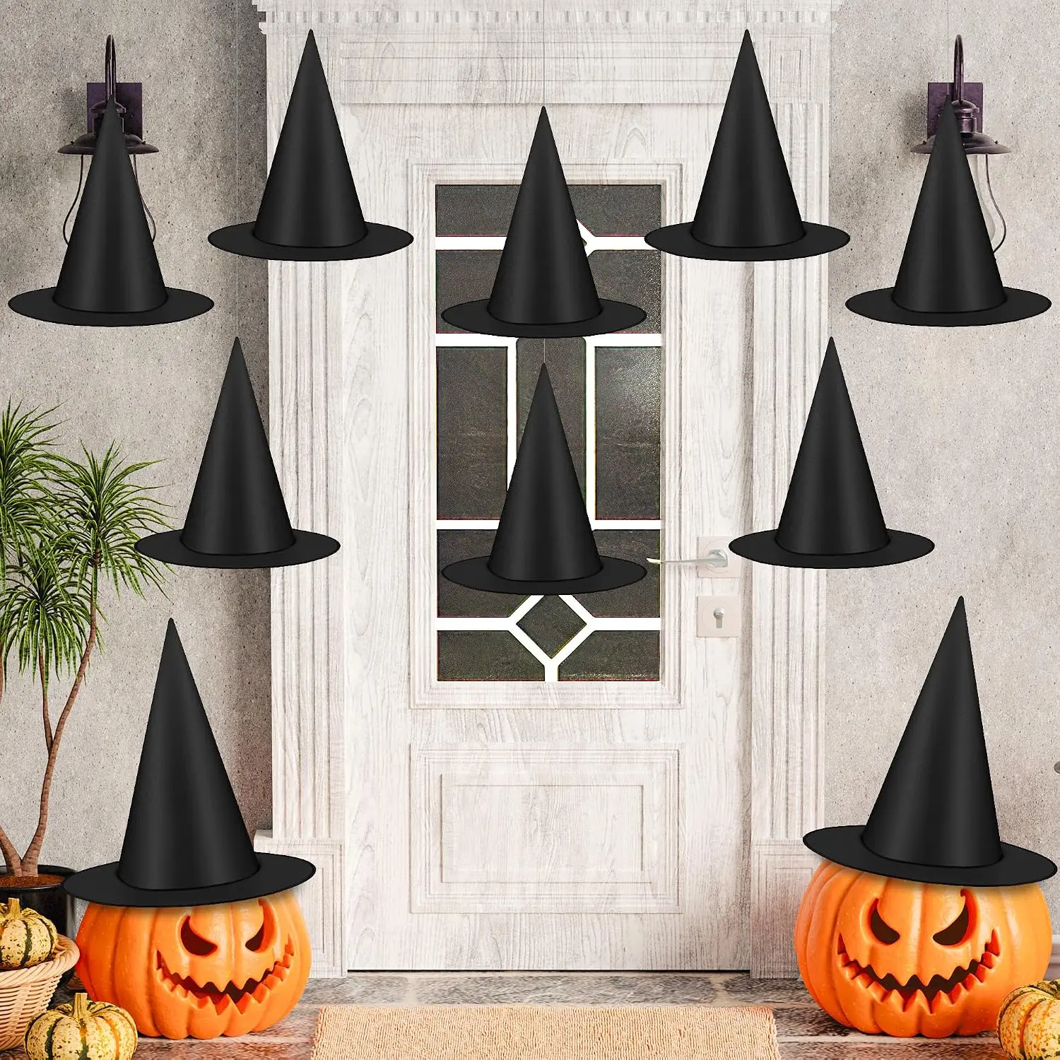 10 count  Hats,  Witches Hat with Ropes Halloween Decor | Black Wizard Costume Accessory Floating  Hats for Women, with 164 FT Rope Halloween Porch Decorations Indoor Outdoor