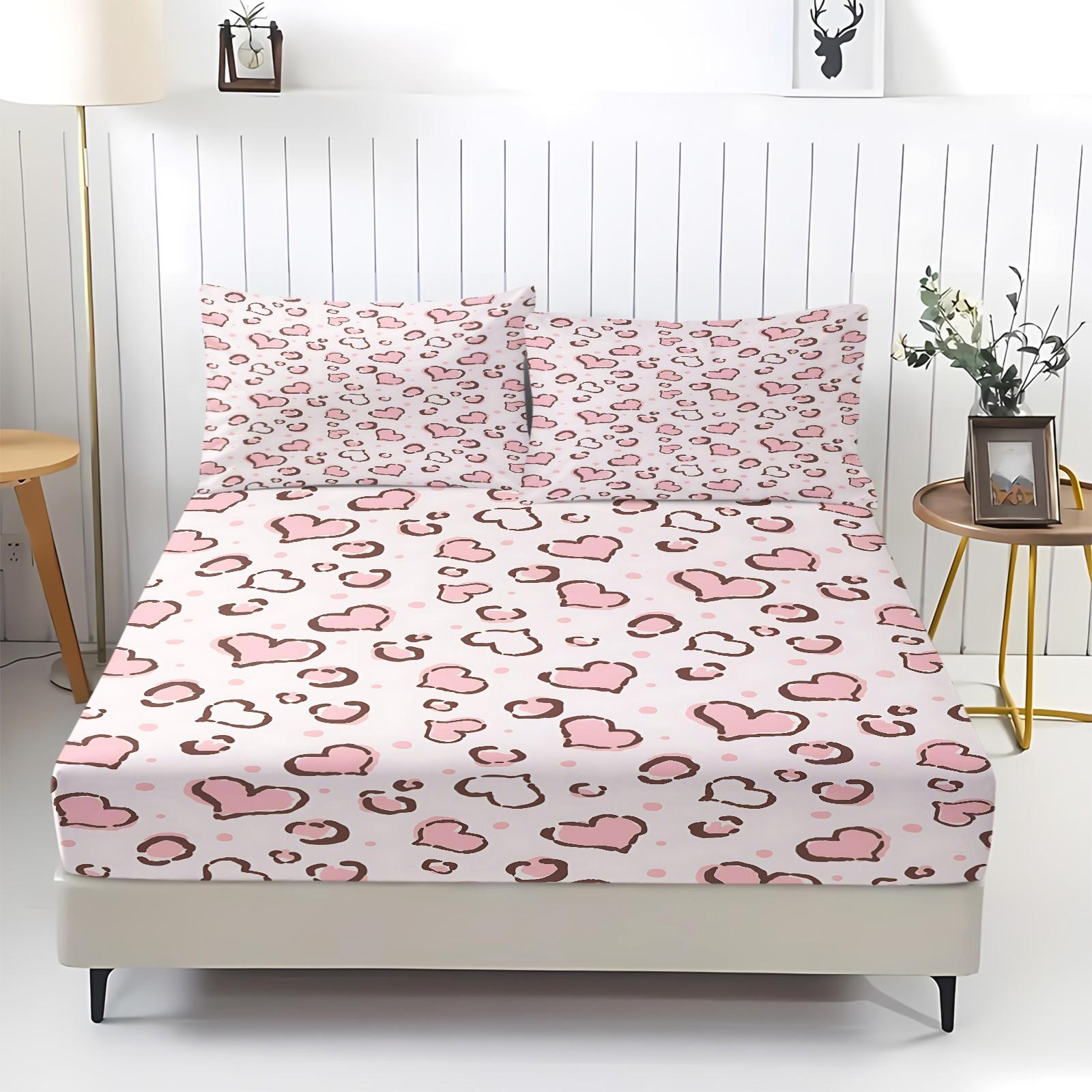 Soft heart-patterned fitted sheet set, Bedsheet, Includes 1 Fitted Sheet & 2 Pillowcases without Filler, Features an elegant color scheme, A stylish addition to your bedroom decor, Suitable for gifting or personal use, Multiple styles available