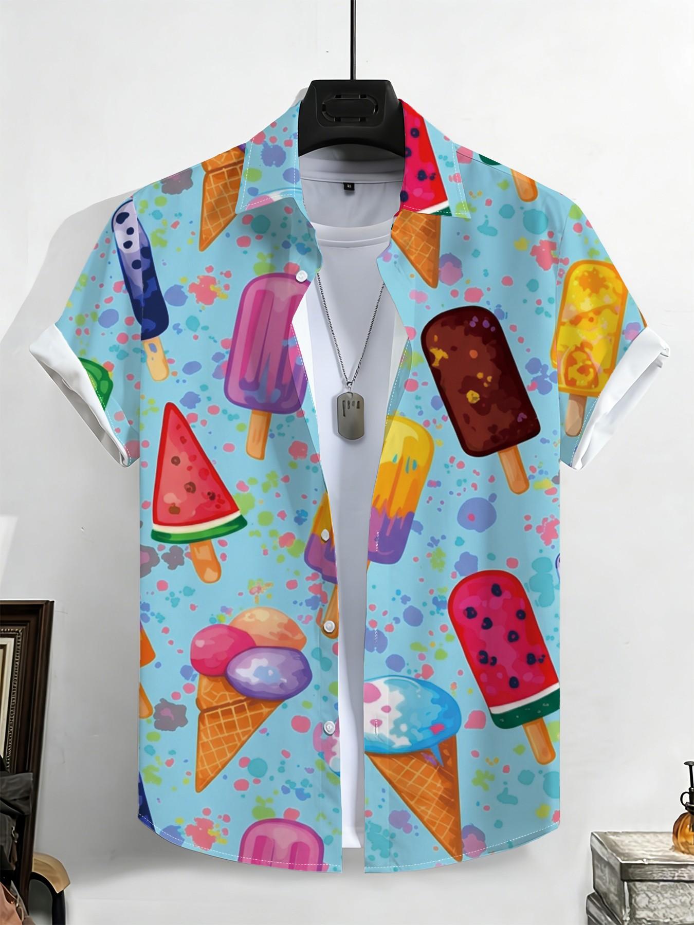 New Summer Men's Short Sleeve Shirt, Cartoon Ice Cream Full Print, Casual Breathable Beach Holiday Hawaiian Shirt, Slim Fit