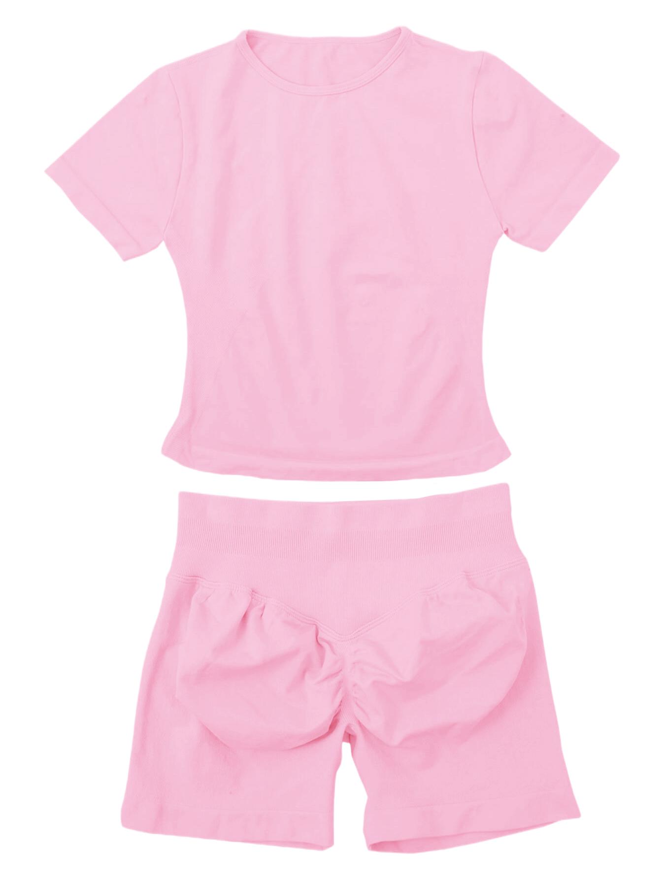 Jetjoy 2 Piece Workout Sets for Women, Long or Short Sleeve T Shirt Tank Top + Workout Shorts Butt Lifting Gym Seamless Booty Biker Shorts, Going Out Gym Sets Fitness Clothes Skinny Sportswear Compression Activewear Gymwear Fitness Clothes Mesh Athleisure