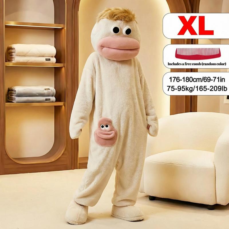 Funny Onesie Party, Comfortable Hooded Flannel Pajama Set, 3-Piece Includes Pajamas Comb Shoe Covers, Cute Monster Design