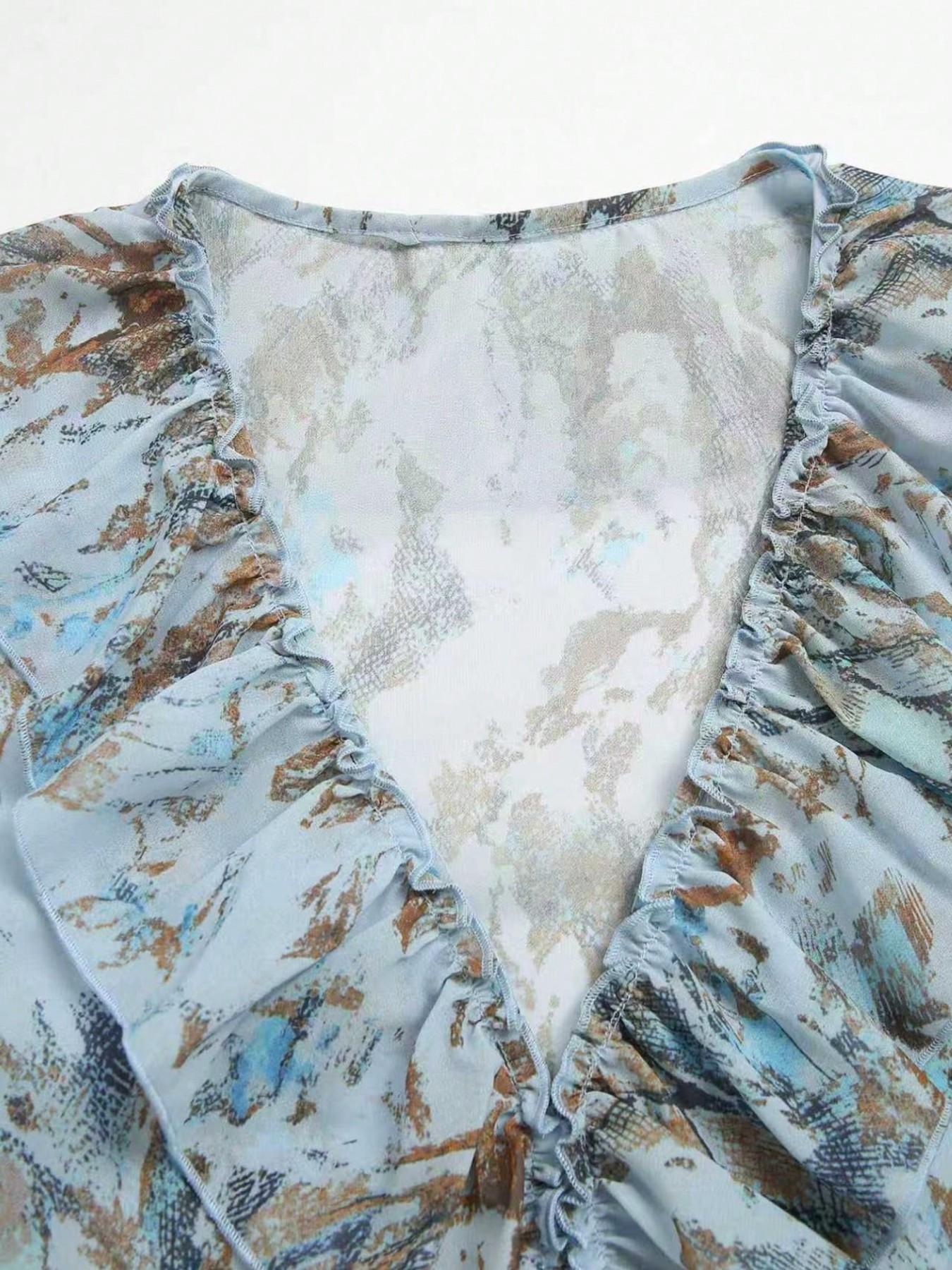 Women's Deep V Neck Snake Print Chiffon Blouse Shirts, Loose Fit Long Sleeve Top, Transparent Design, Holiday Style, Fashionable Women's Clothing