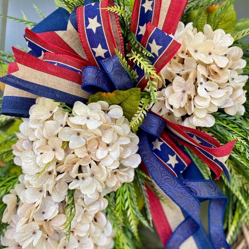 Independence Day Wreath Front Door Decoration, American Flag Bow Hydrangea Patriotic Wreath, Memorial Day Outdoor Porch Home Wall Decor