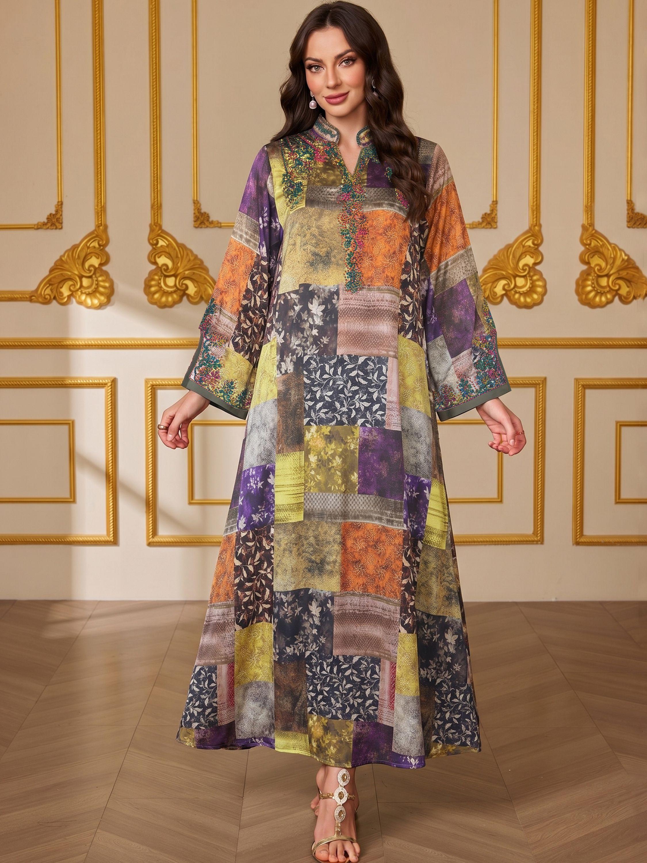 Middle Eastern Muslim Embroidered Tree Print Ethnic Long Sleeve Abaya Dress, Muslim Dresses, Fitted All-Seasons Garment, Glossy Finish, Unlined Design, elegant Islamic Clothing, Islamic Abaya Dress