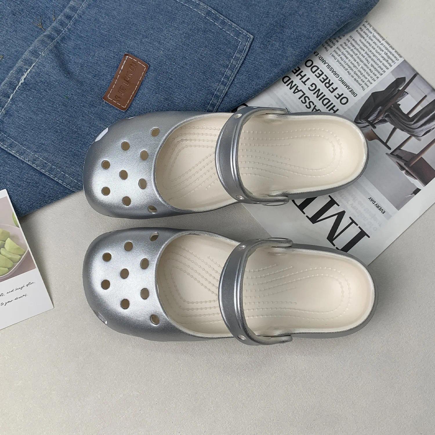 Retro EVA Outer Wear Mary Jane Slippers Shoes Summer New Women's Cute Ballet Hole Shoes Anti Slip Outdoor Beach Sandals